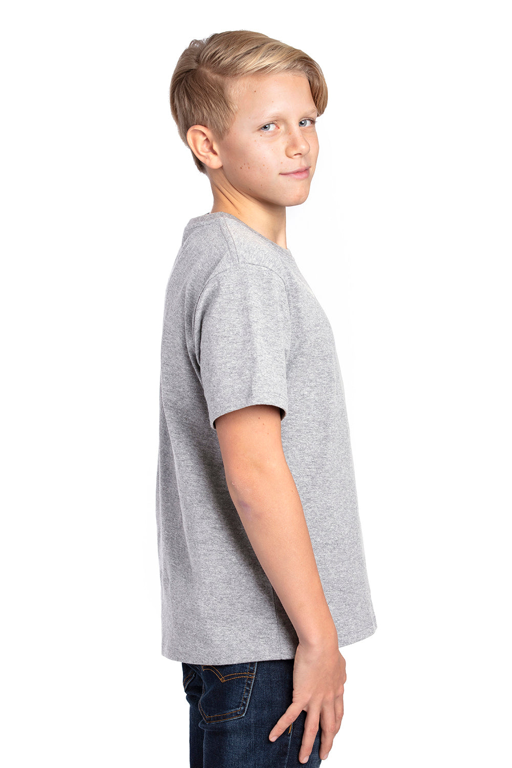 Threadfast Apparel 600A Youth Ultimate Short Sleeve Crewneck T-Shirt Heather Grey Model Side