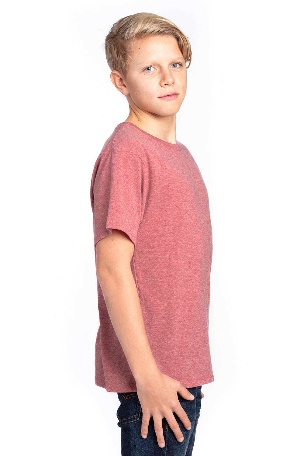 Threadfast Apparel 600A Youth Ultimate Short Sleeve Crewneck T-Shirt Heather Maroon Model Side