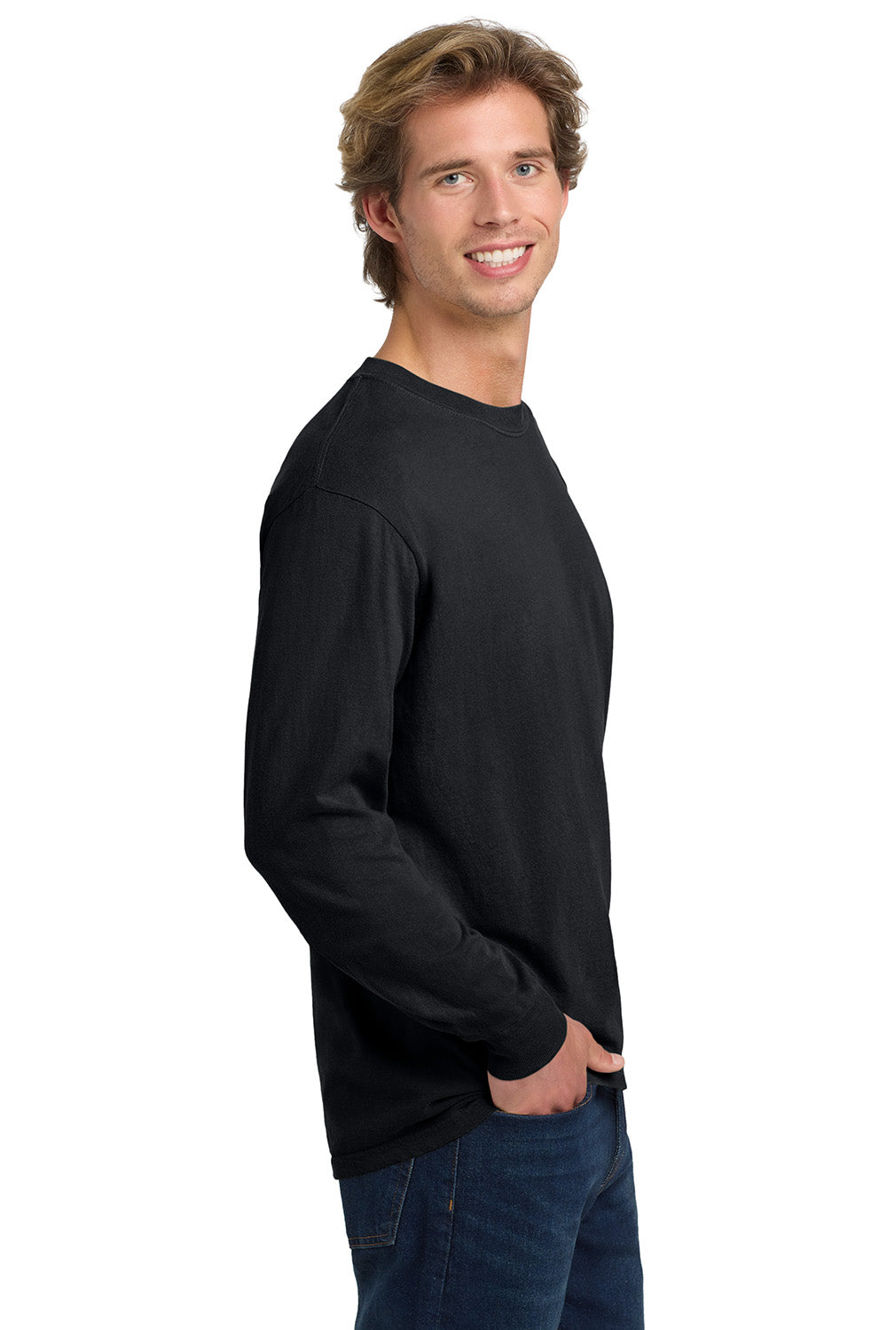Comfort Colors 6014/C6014 Mens Long Sleeve Crewneck T-Shirt Black Model Side
