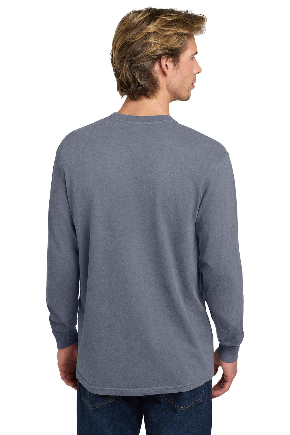 Comfort Colors 6014/C6014 Mens Long Sleeve Crewneck T-Shirt Blue Jean Model Back