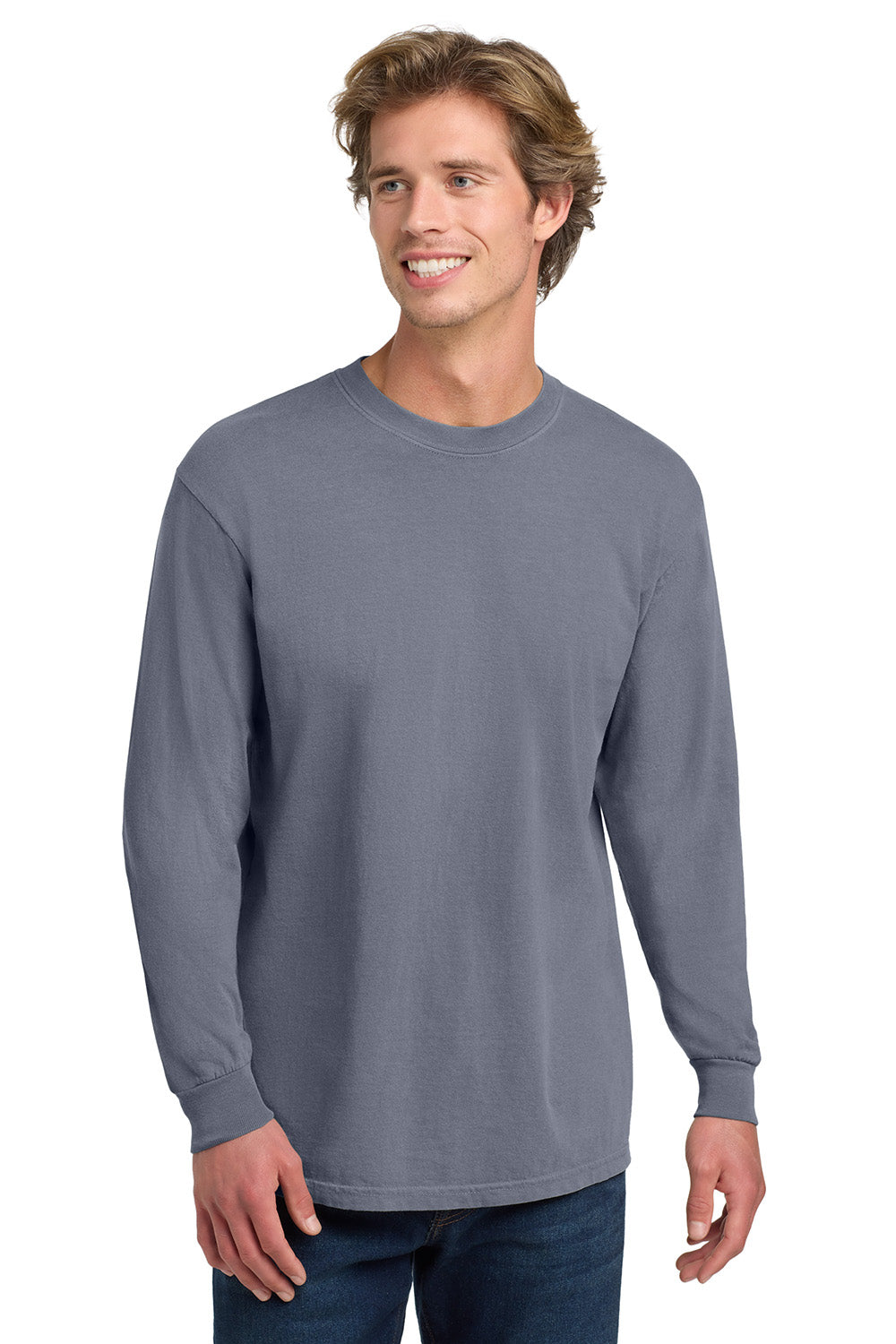Comfort Colors 6014/C6014 Mens Long Sleeve Crewneck T-Shirt Blue Jean Model Front