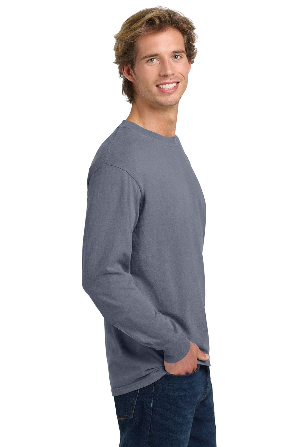 Comfort Colors 6014/C6014 Mens Long Sleeve Crewneck T-Shirt Blue Jean Model Side