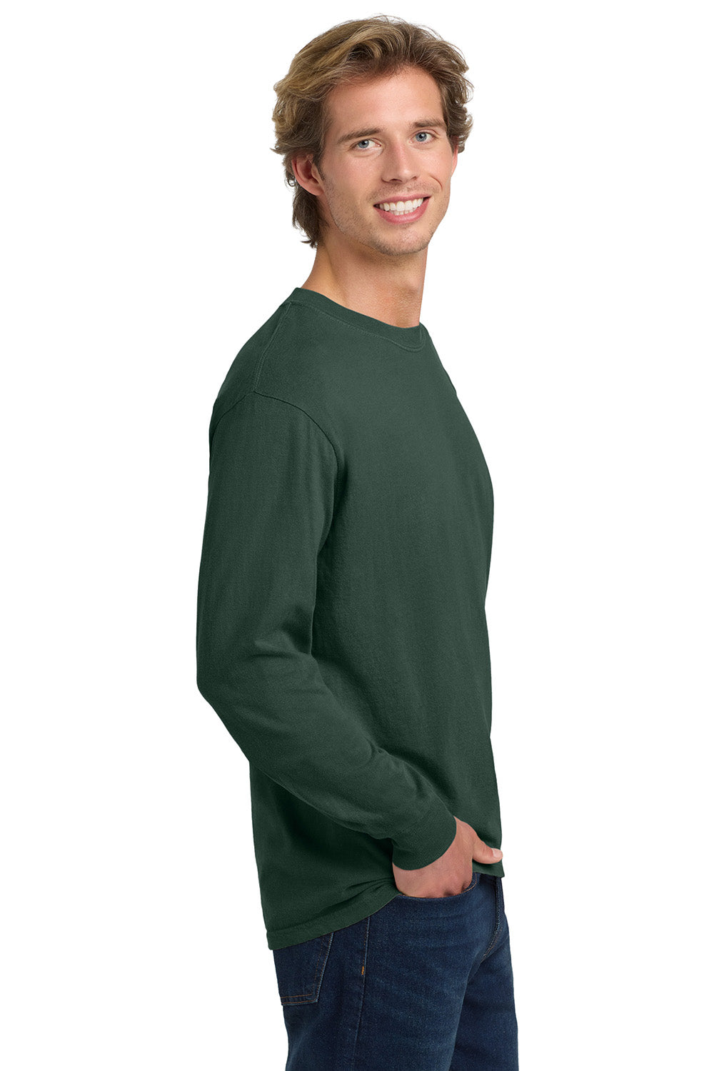 Comfort Colors 6014/C6014 Mens Long Sleeve Crewneck T-Shirt Blue Spruce Model Side