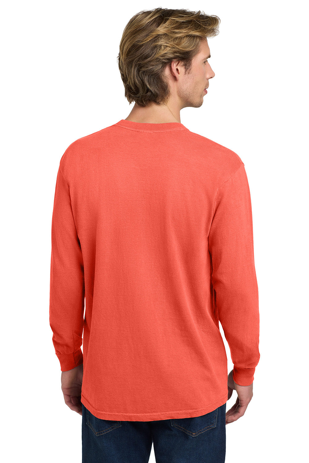 Comfort Colors 6014/C6014 Mens Long Sleeve Crewneck T-Shirt Bright Salmon Orange Model Back