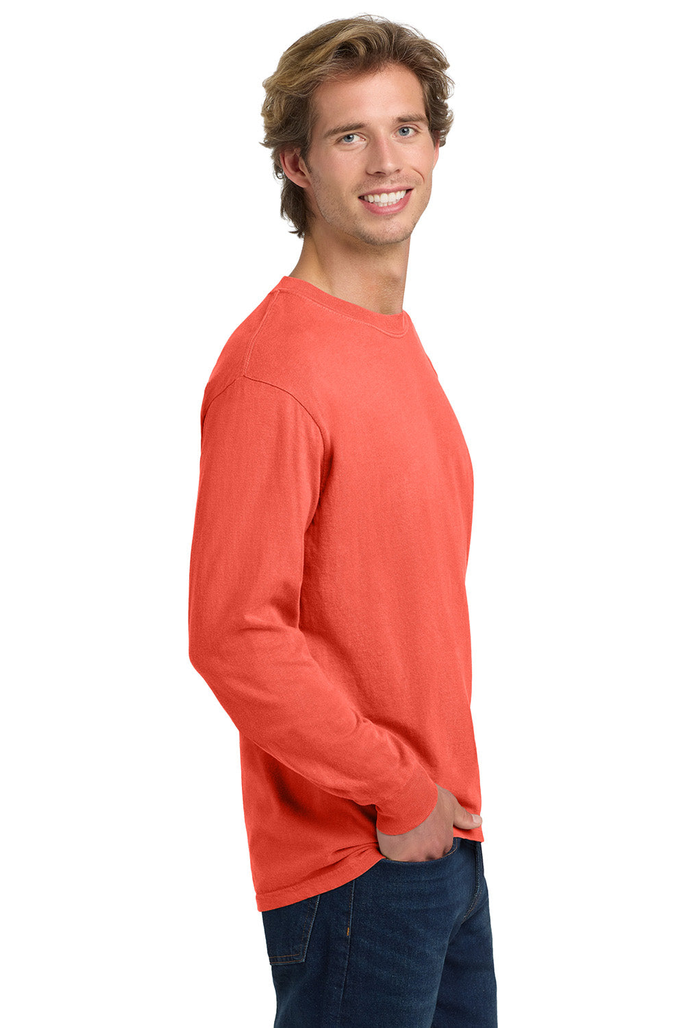 Comfort Colors 6014/C6014 Mens Long Sleeve Crewneck T-Shirt Bright Salmon Orange Model Side