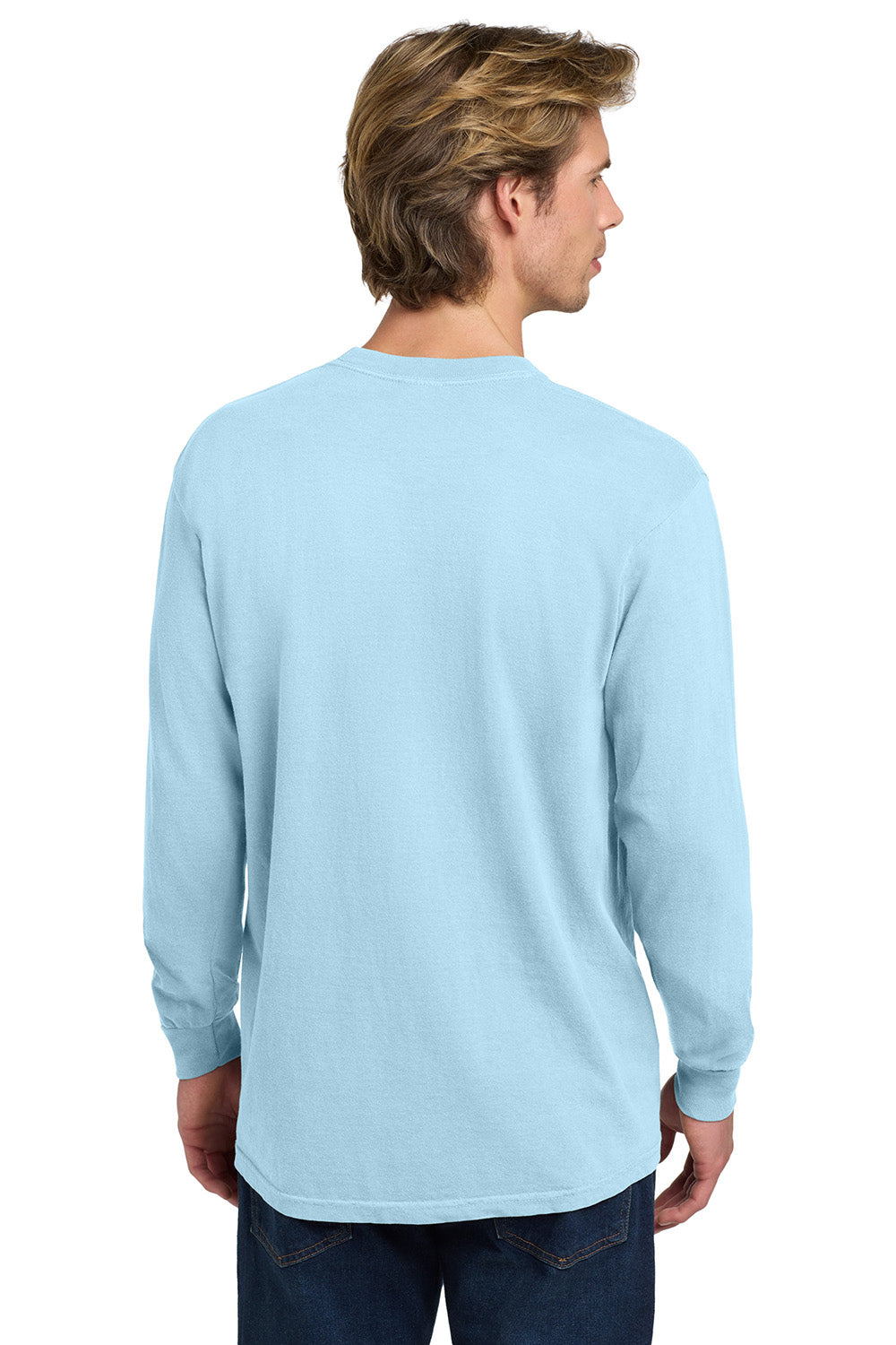 Comfort Colors 6014/C6014 Mens Long Sleeve Crewneck T-Shirt Chambray Blue Model Back