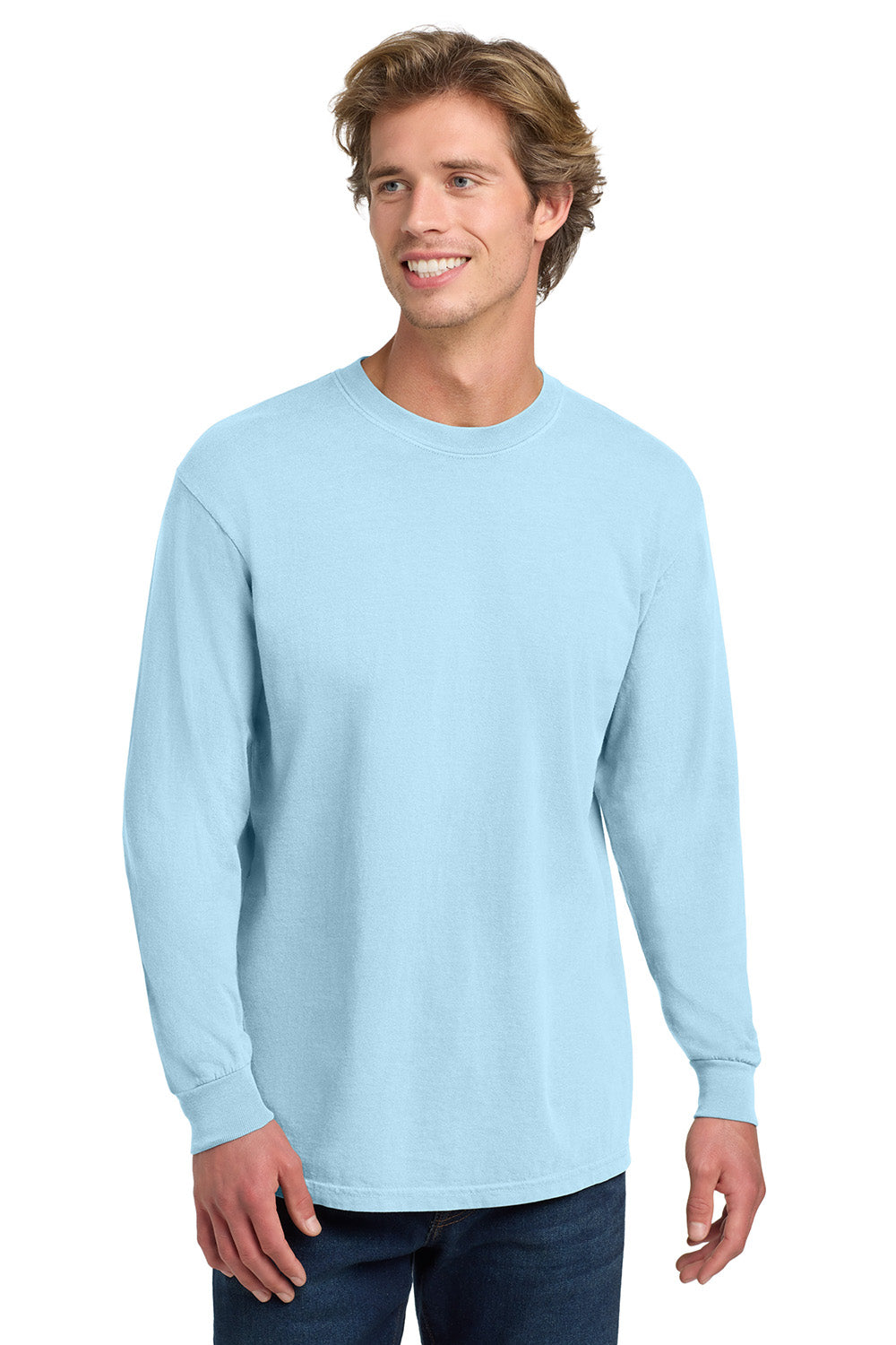 Comfort Colors 6014/C6014 Mens Long Sleeve Crewneck T-Shirt Chambray Blue Model Front