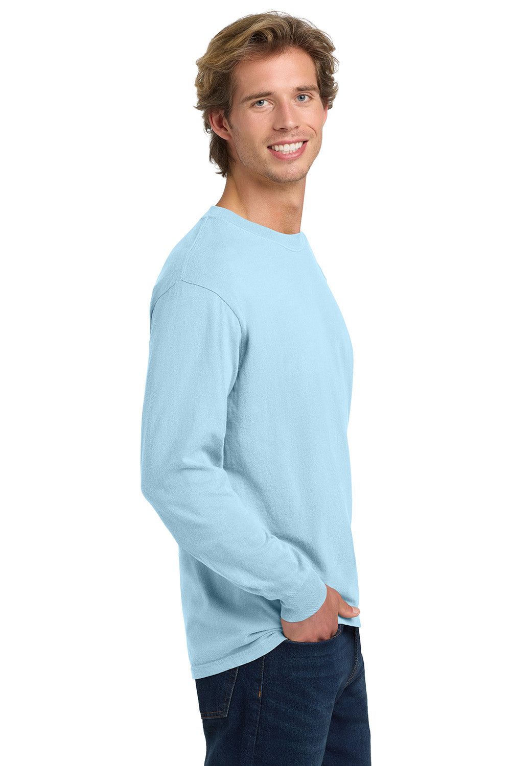 Comfort Colors 6014/C6014 Mens Long Sleeve Crewneck T-Shirt Chambray Blue Model Side