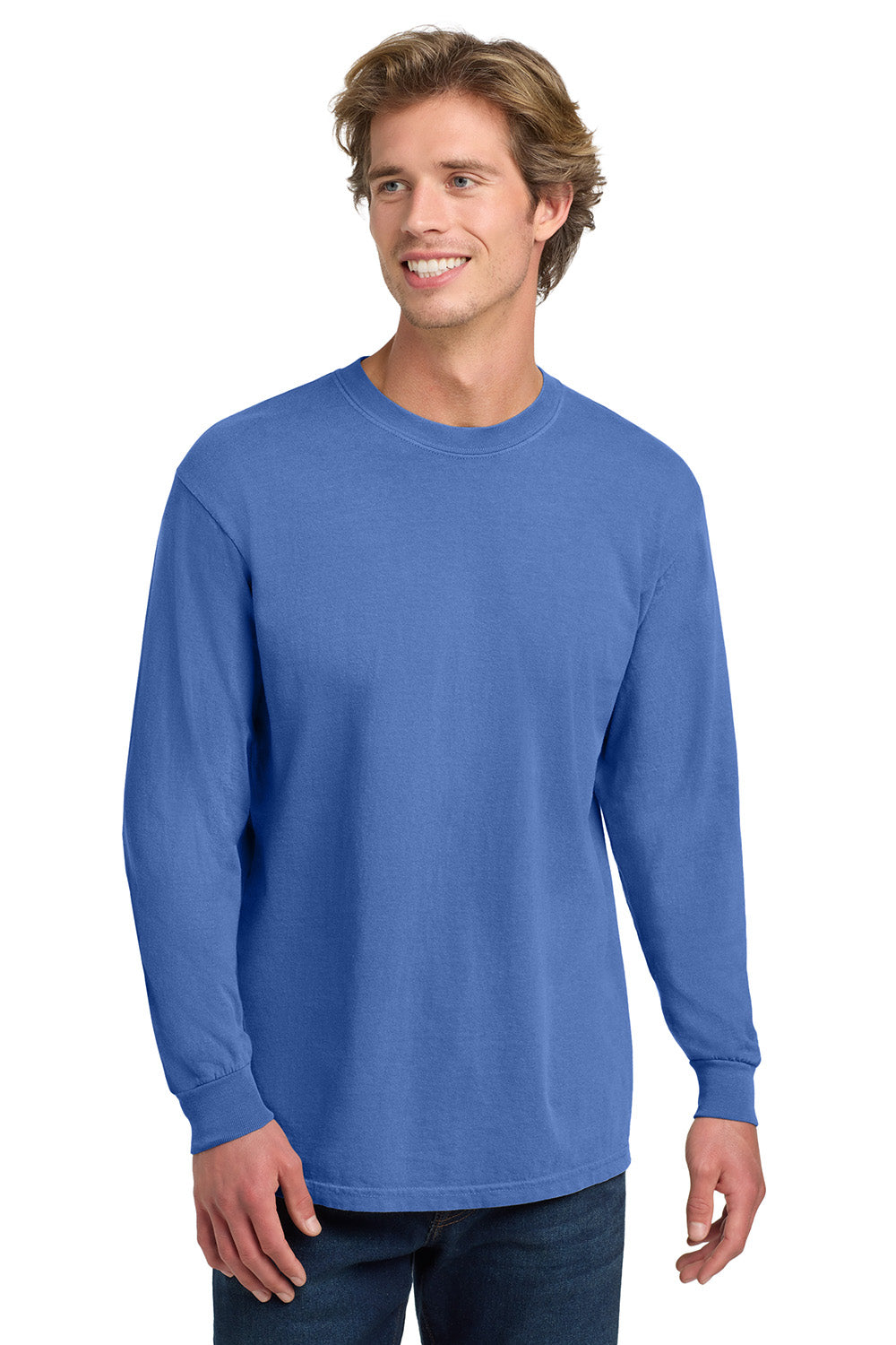 Comfort Colors 6014/C6014 Mens Long Sleeve Crewneck T-Shirt Flo Blue Model Front