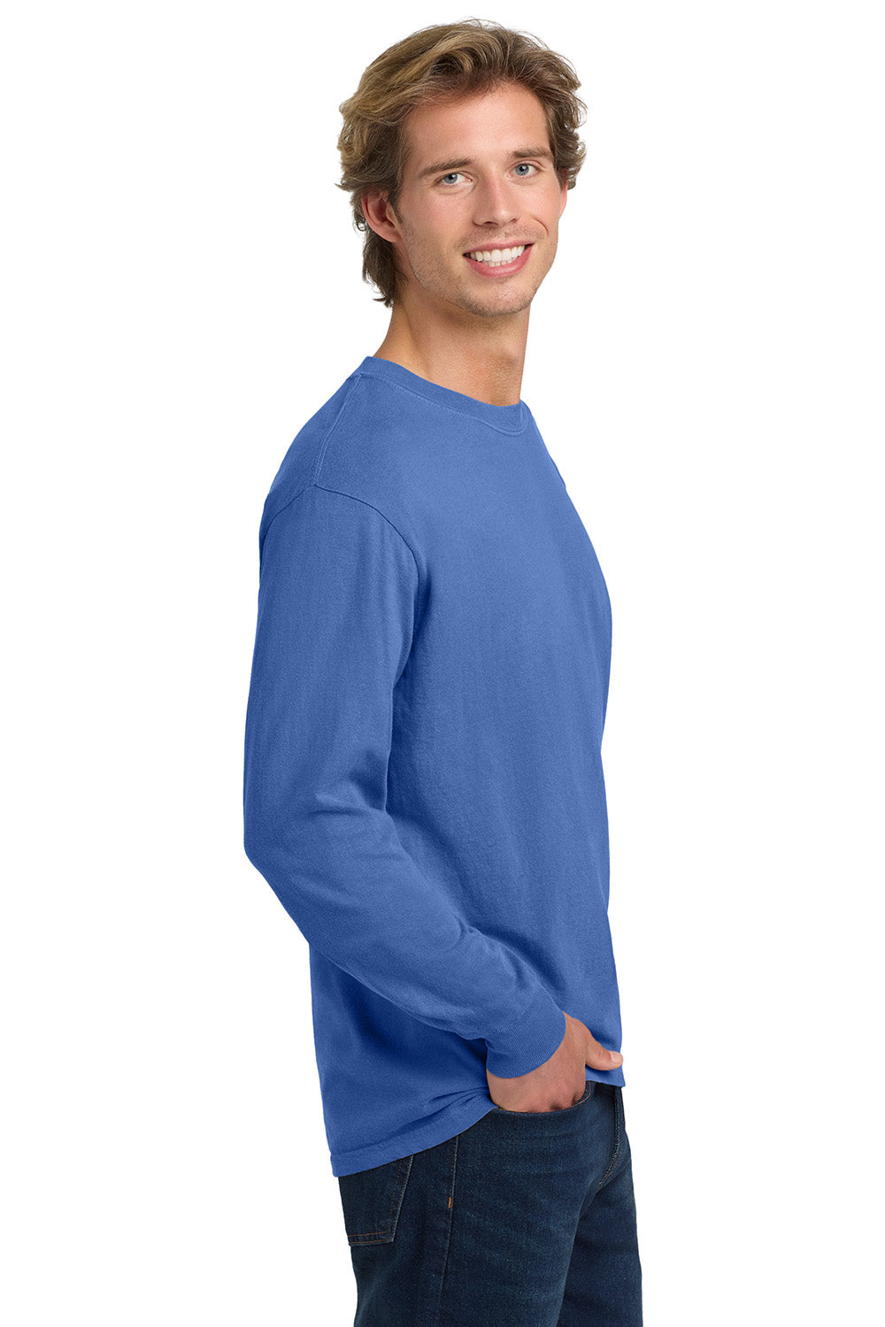 Comfort Colors 6014/C6014 Mens Long Sleeve Crewneck T-Shirt Flo Blue Model Side