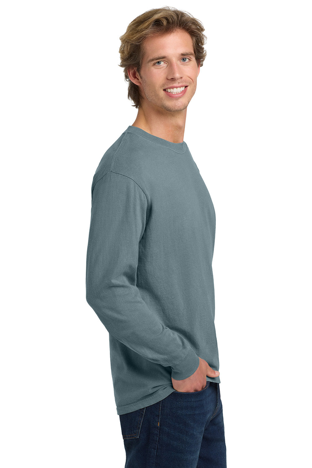 Comfort Colors 6014/C6014 Mens Long Sleeve Crewneck T-Shirt Ice Blue Model Side