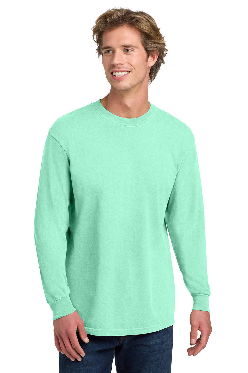 Comfort Colors 6014/C6014 Mens Long Sleeve Crewneck T-Shirt Island Reef Green Model Front