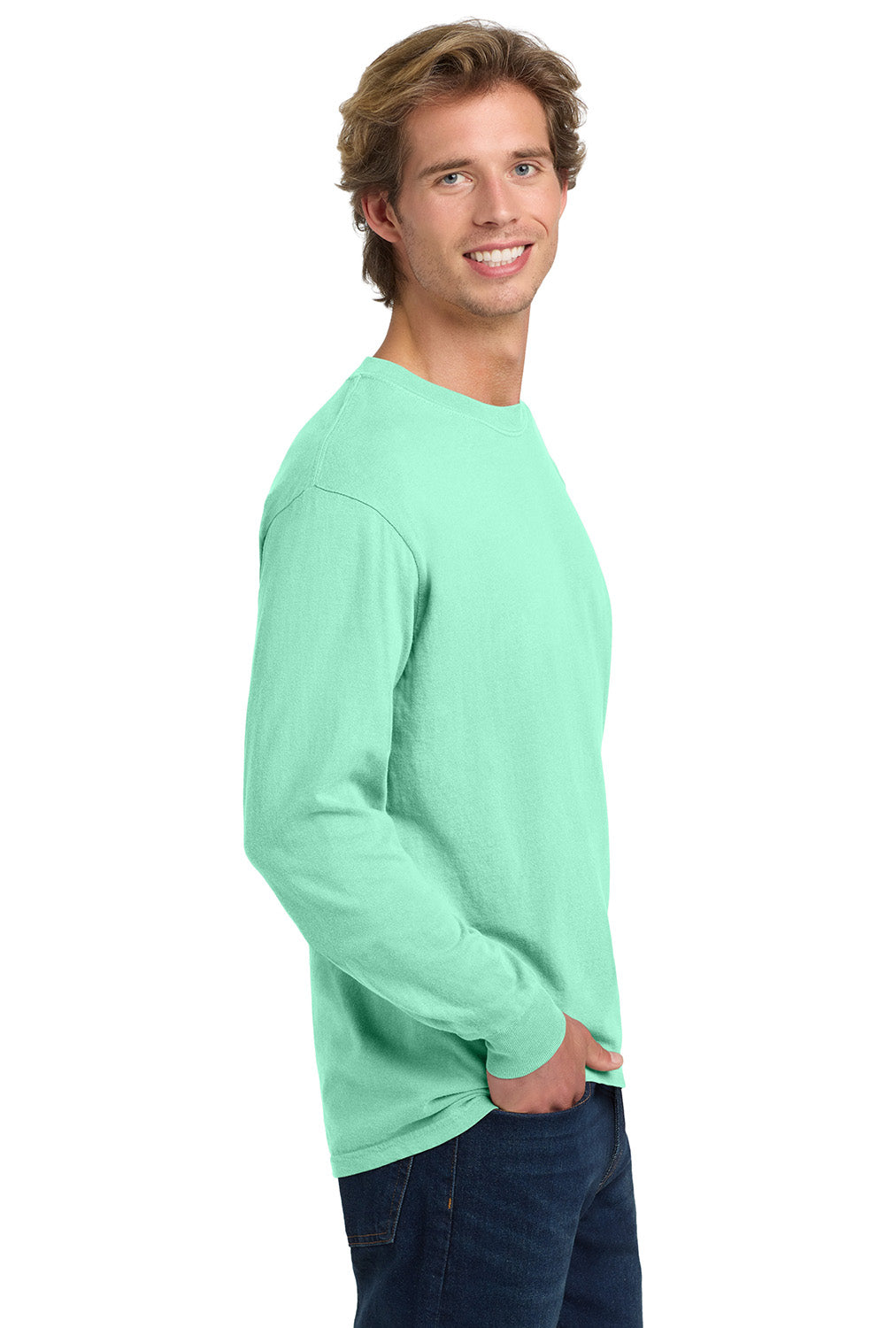 Comfort Colors 6014/C6014 Mens Long Sleeve Crewneck T-Shirt Island Reef Green Model Side