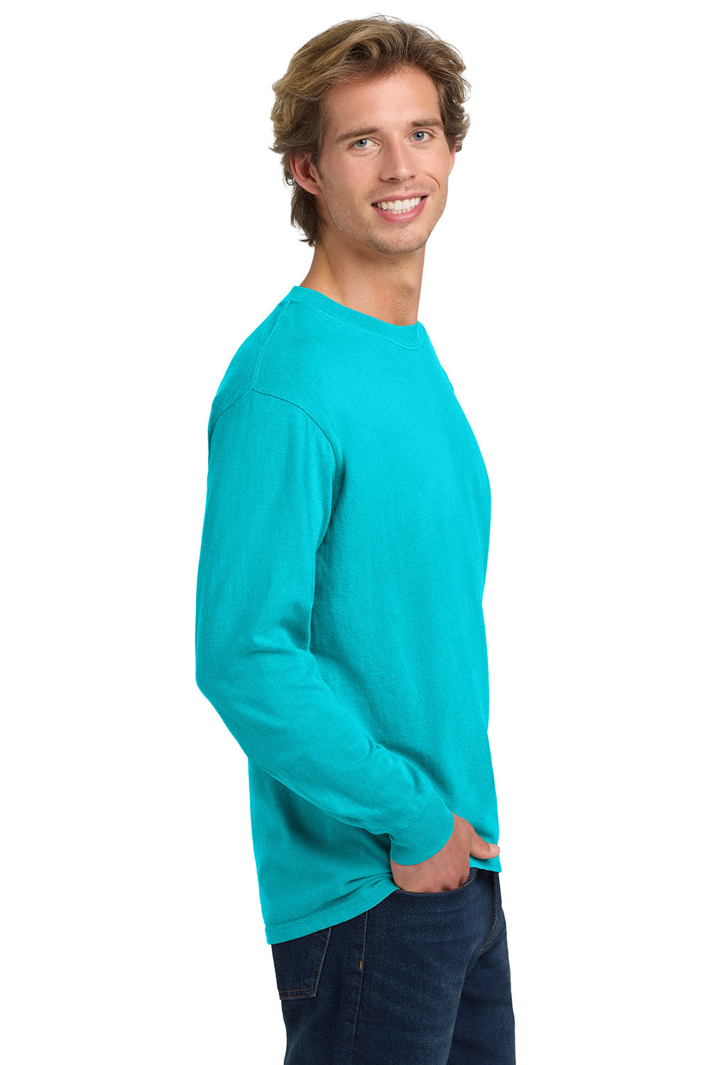 Comfort Colors 6014/C6014 Mens Long Sleeve Crewneck T-Shirt Lagoon Blue Model Side