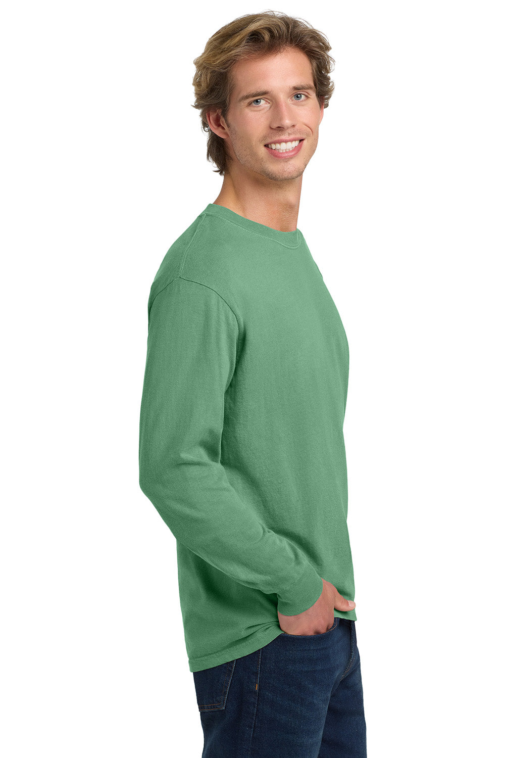 Comfort Colors 6014/C6014 Mens Long Sleeve Crewneck T-Shirt Light Green Model Side