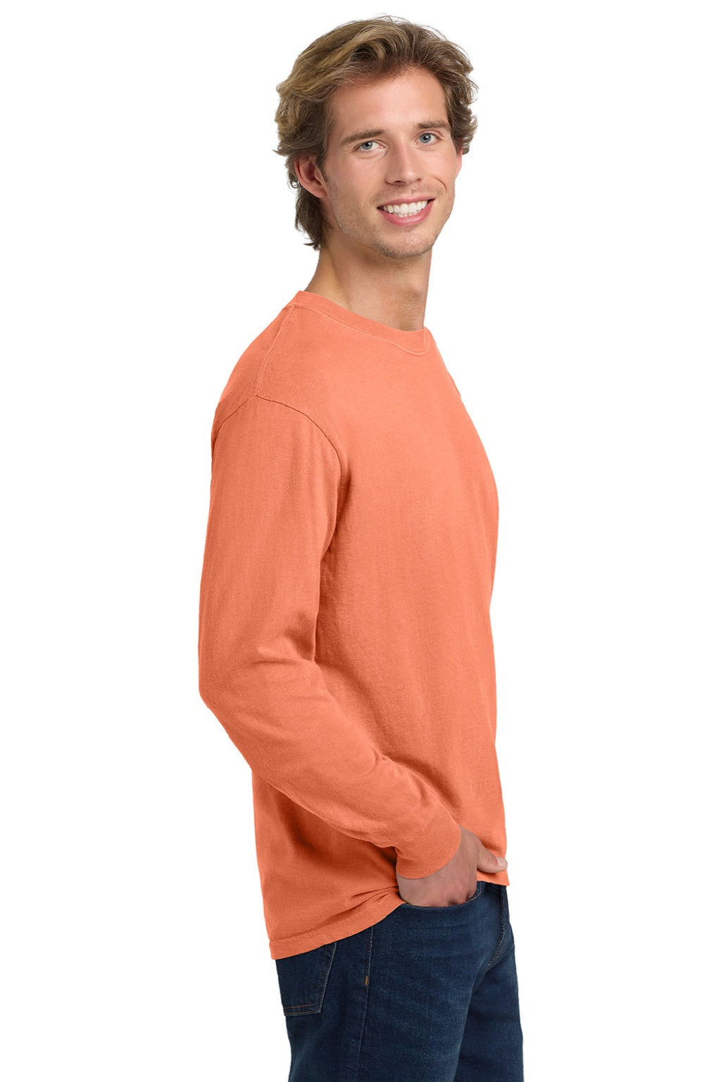 Comfort Colors 6014/C6014 Mens Long Sleeve Crewneck T-Shirt Melon Orange Model Side