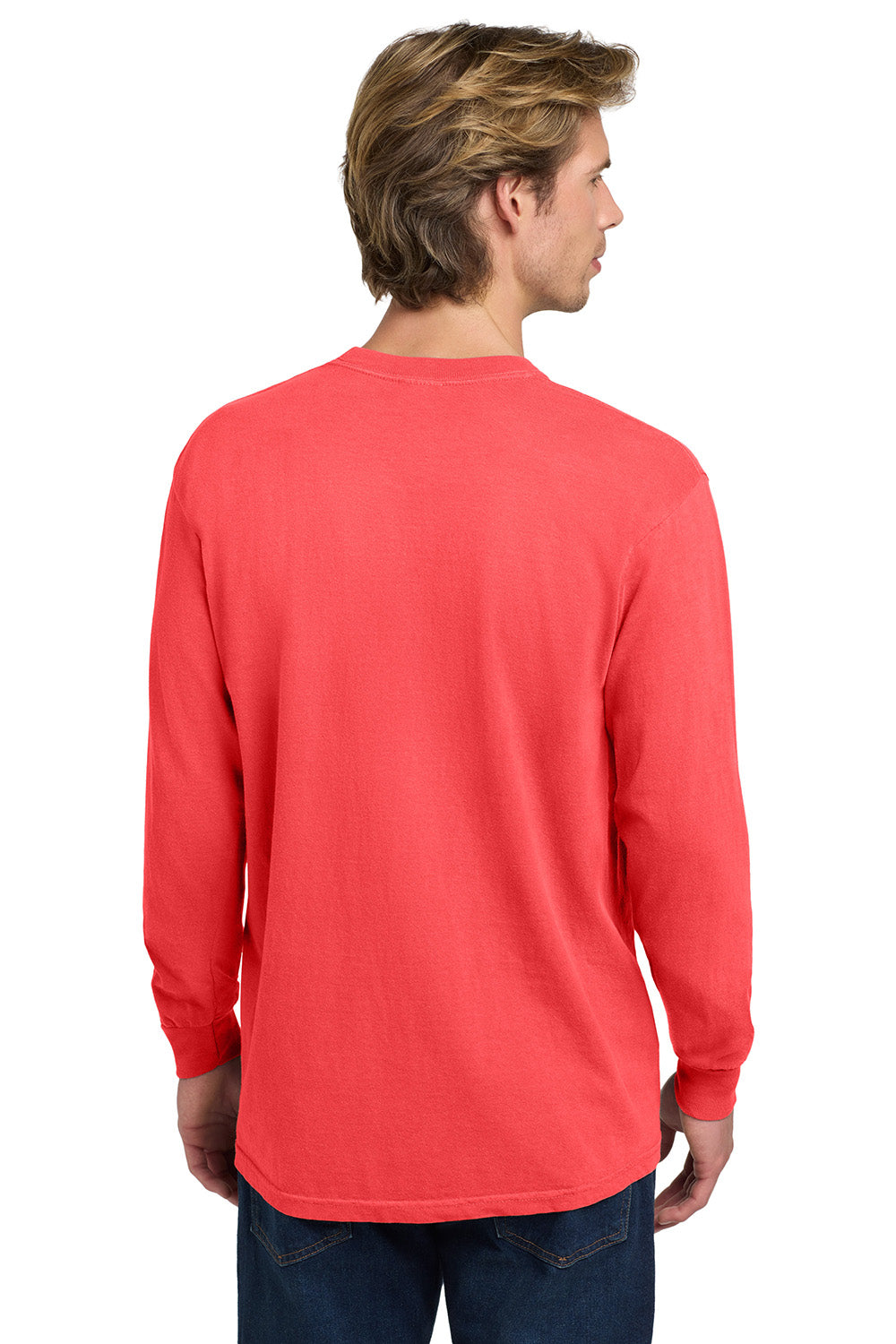 Comfort Colors 6014/C6014 Mens Long Sleeve Crewneck T-Shirt Neon Red Orange Model Back