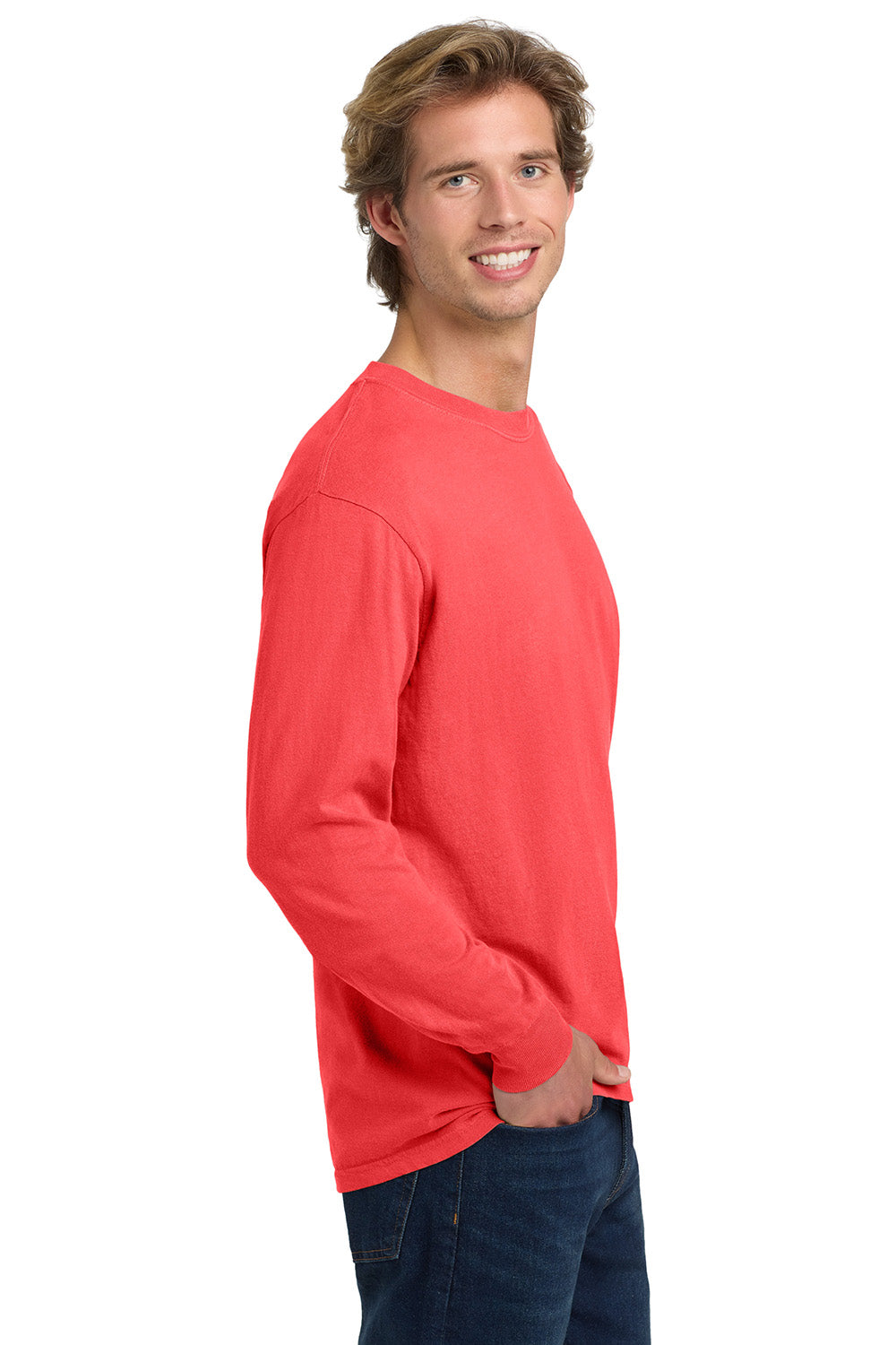 Comfort Colors 6014/C6014 Mens Long Sleeve Crewneck T-Shirt Neon Red Orange Model Side