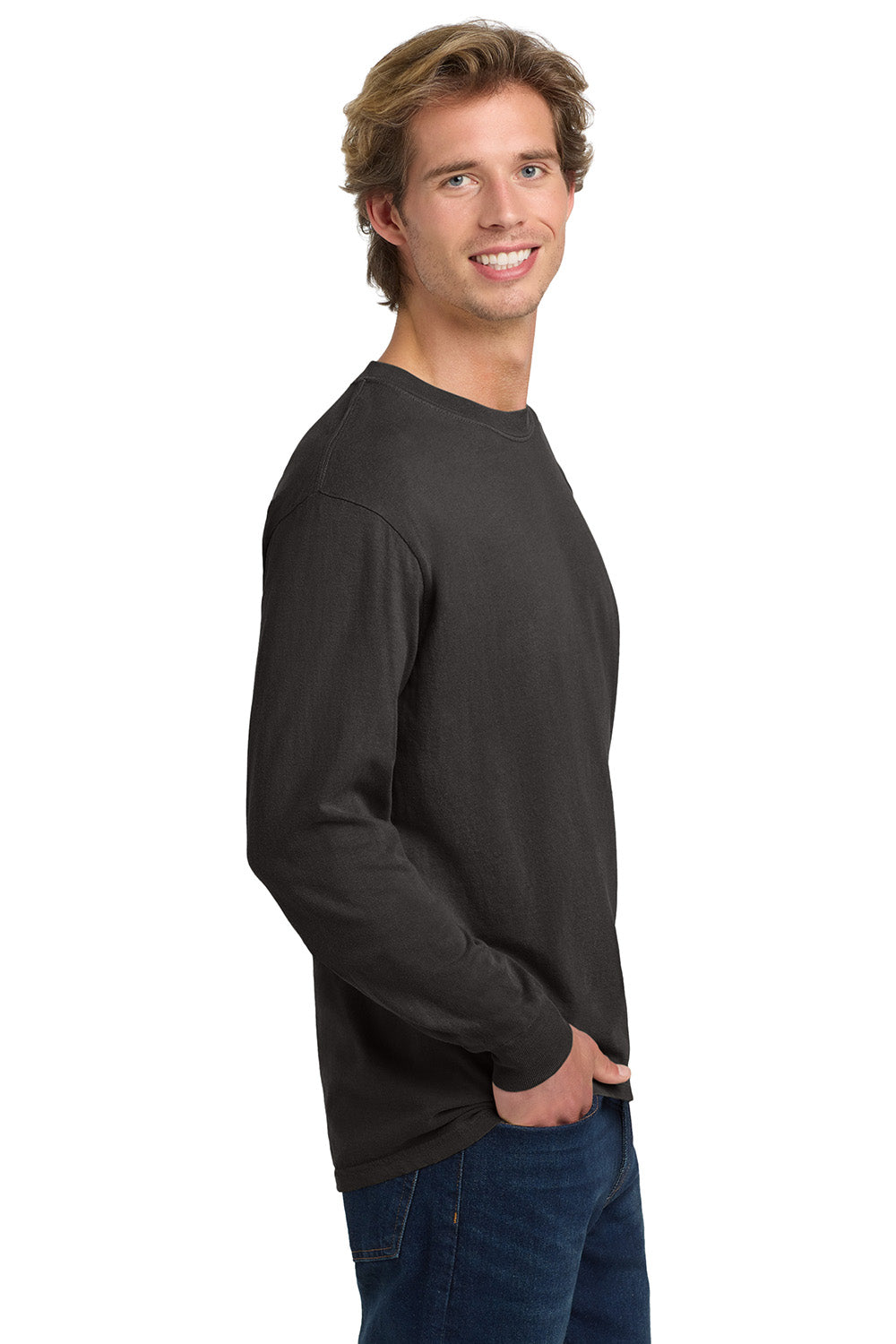 Comfort Colors 6014/C6014 Mens Long Sleeve Crewneck T-Shirt Pepper Grey Model Side