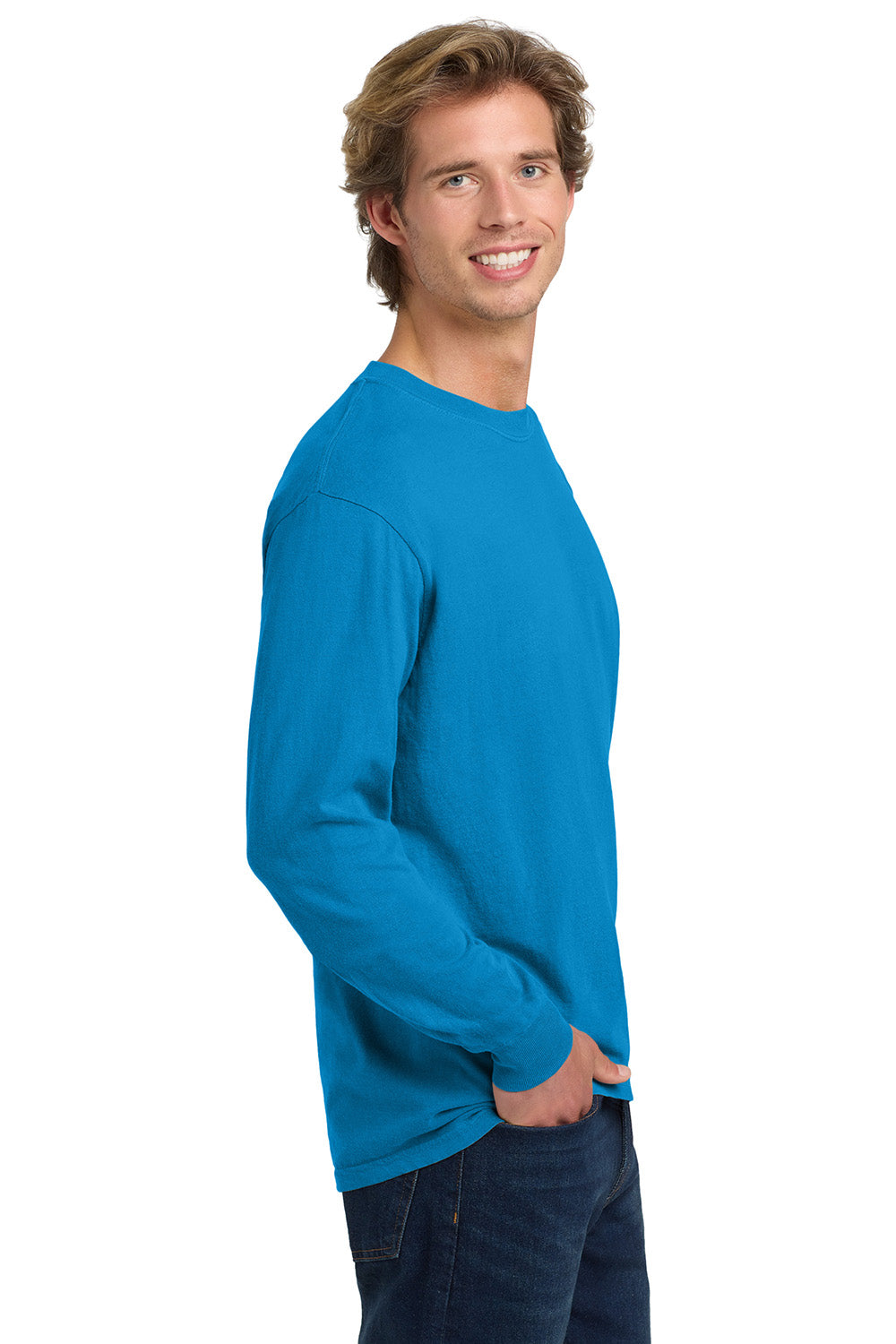 Comfort Colors 6014/C6014 Mens Long Sleeve Crewneck T-Shirt Royal Caribe Model Side