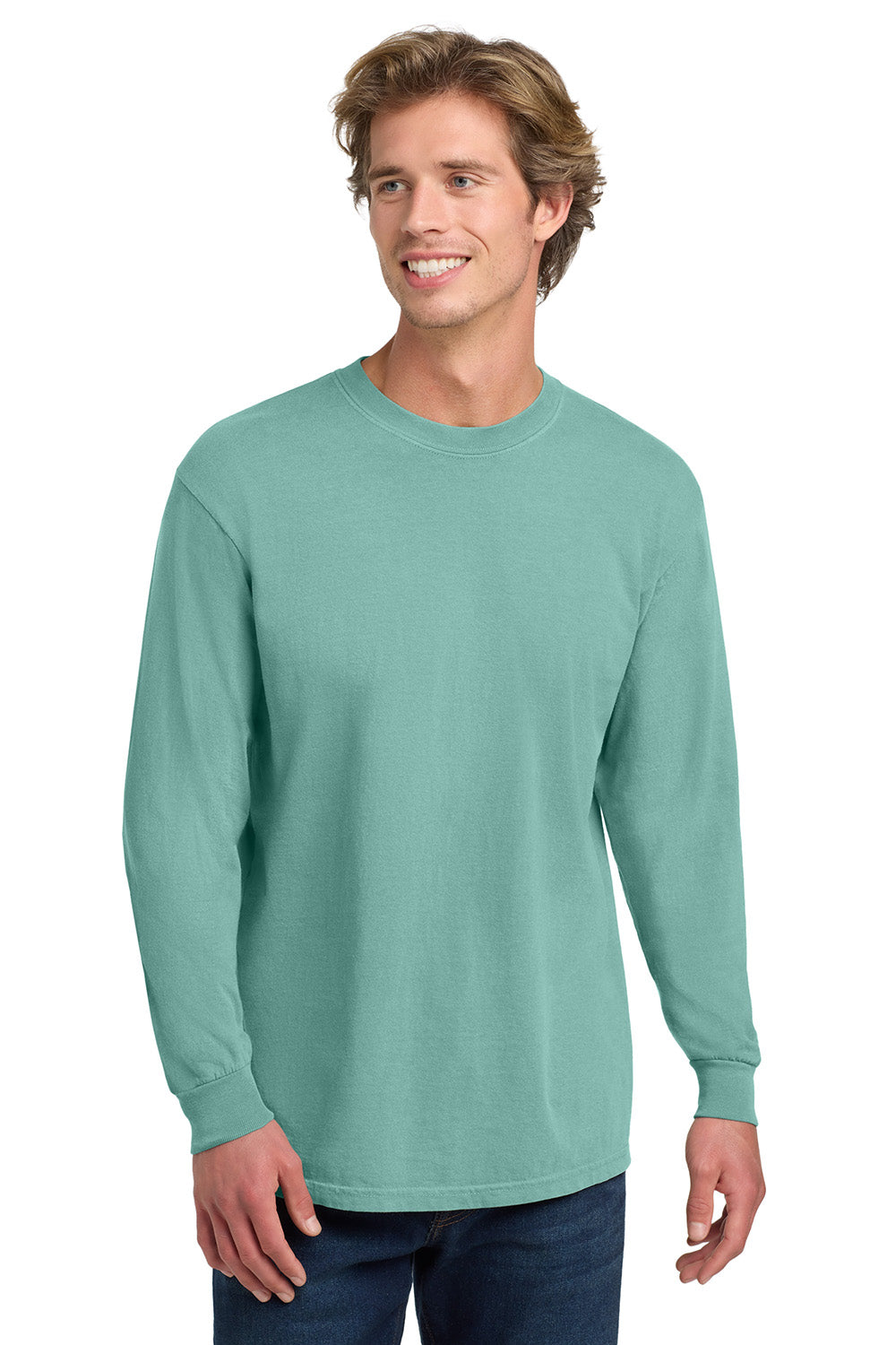 Comfort Colors 6014/C6014 Mens Long Sleeve Crewneck T-Shirt Seafoam Green Model Front