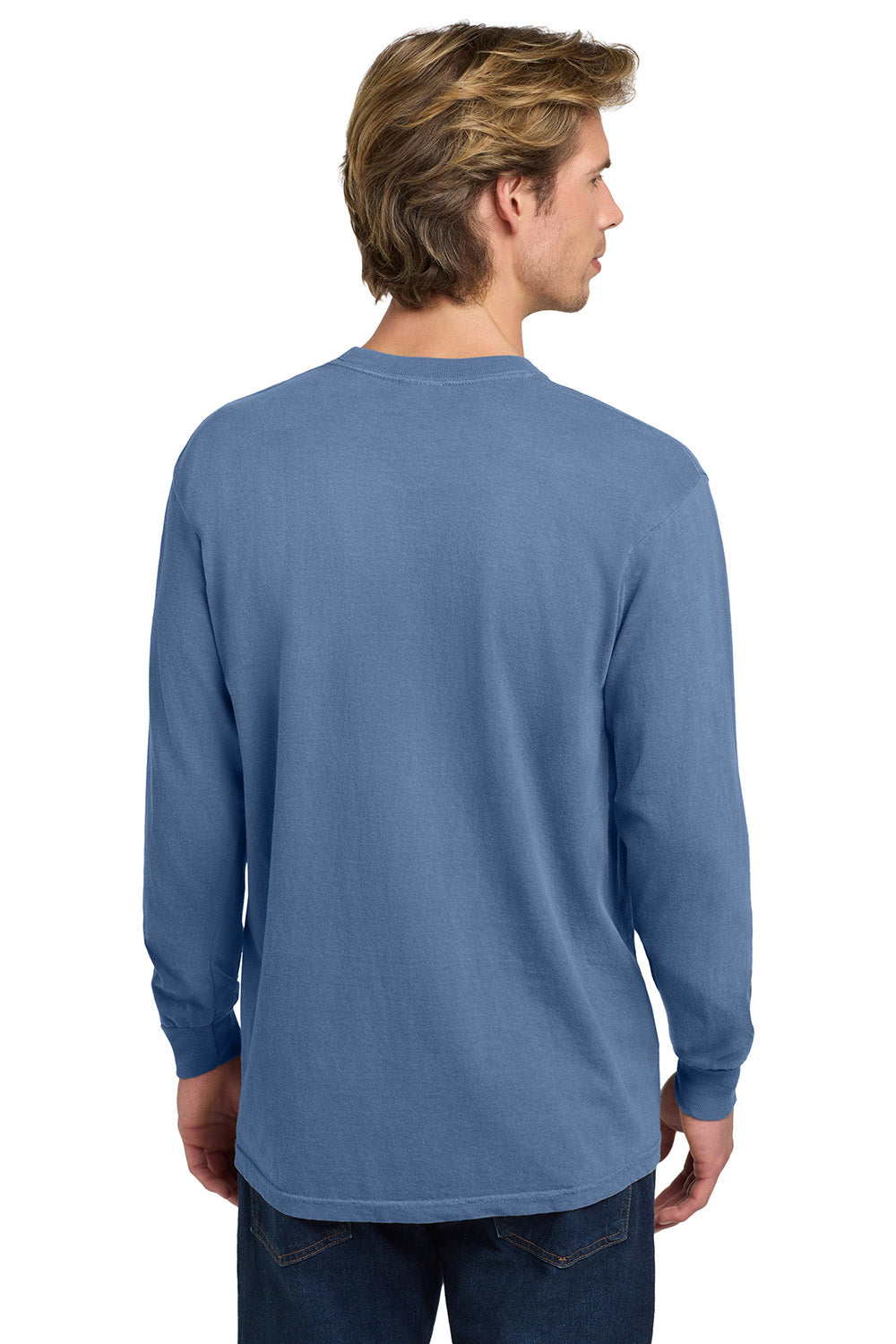 Comfort Colors 6014/C6014 Mens Long Sleeve Crewneck T-Shirt Washed Denim Blue Model Back