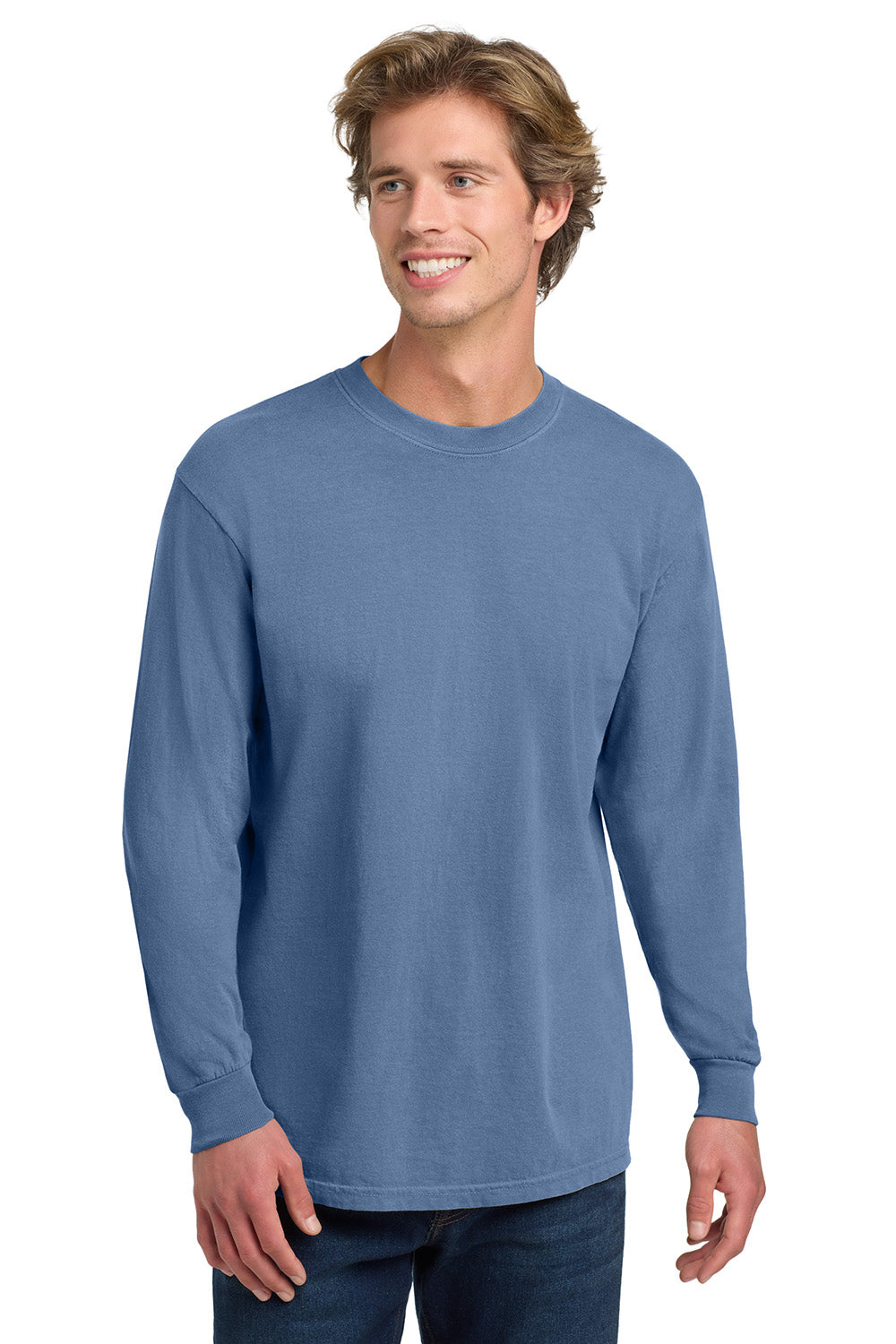 Comfort Colors 6014/C6014 Mens Long Sleeve Crewneck T-Shirt Washed Denim Blue Model Front