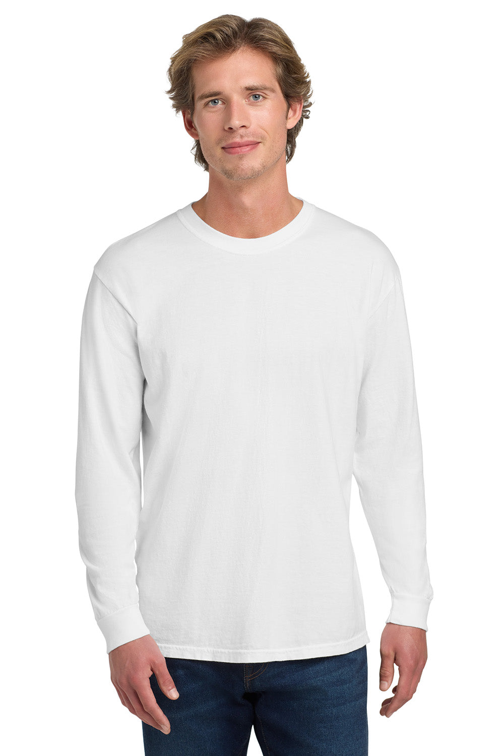 Comfort Colors 6014/C6014 Mens Long Sleeve Crewneck T-Shirt White Model Front