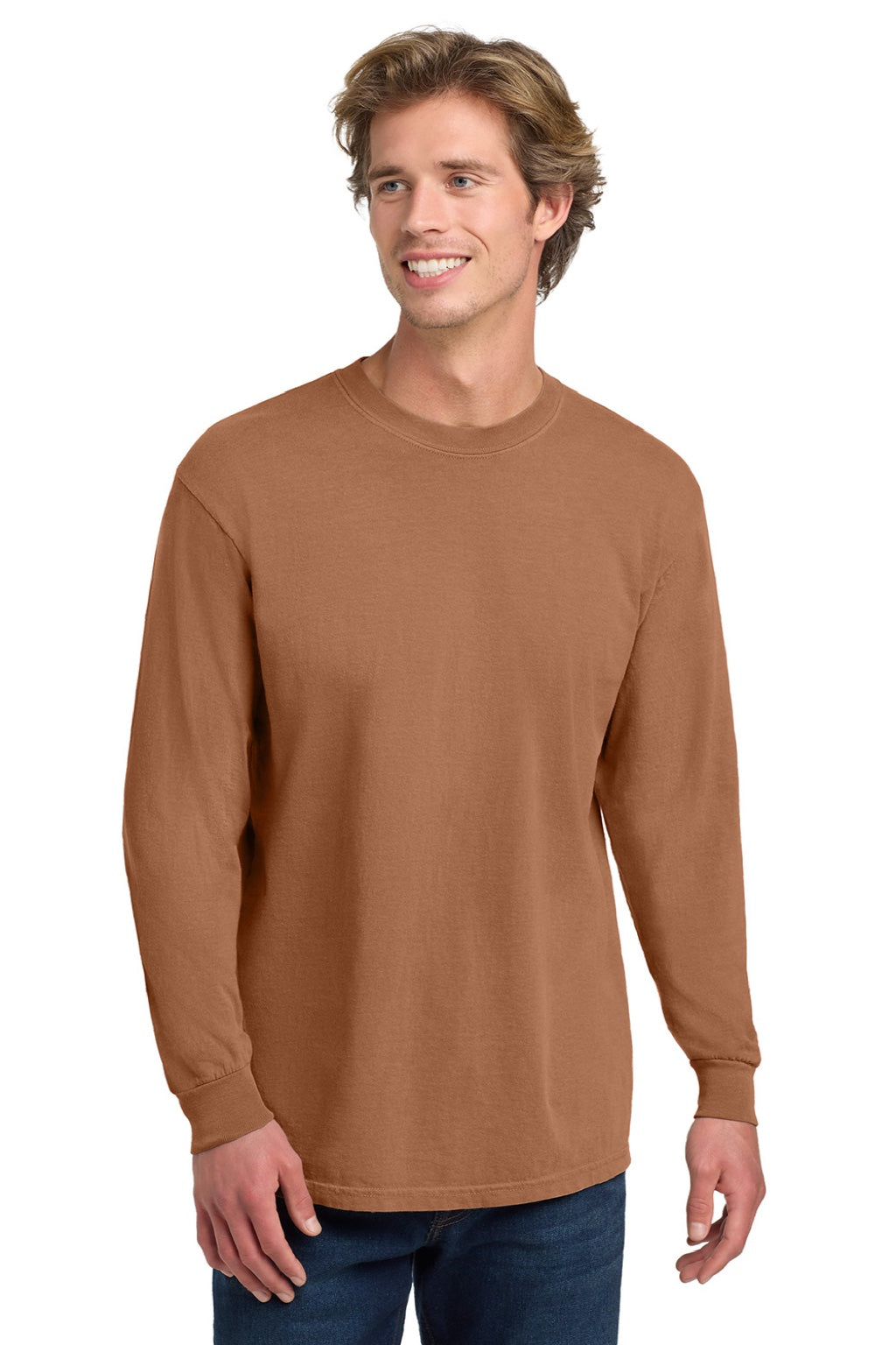 Comfort Colors 6014/C6014 Mens Long Sleeve Crewneck T-Shirt Yam Orange Model Front