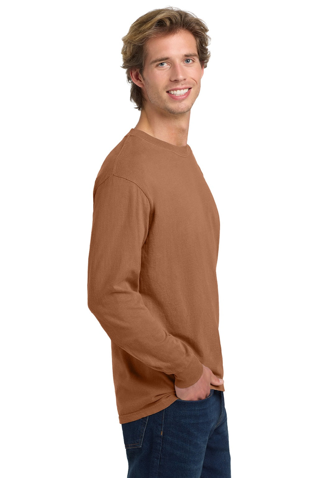 Comfort Colors 6014/C6014 Mens Long Sleeve Crewneck T-Shirt Yam Orange Model Side