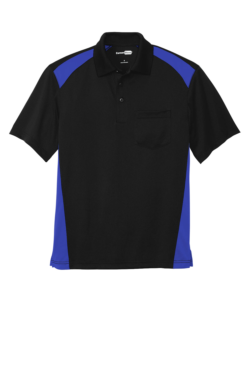 CornerStone CS416 Mens Select Moisture Wicking Short Sleeve Polo Shirt w/ Pocket Black/Royal Blue Flat Front