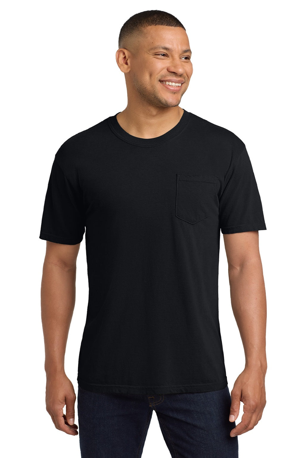 Comfort Colors 6030 Mens Short Sleeve Crewneck T-Shirt w/ Pocket Black Model Front