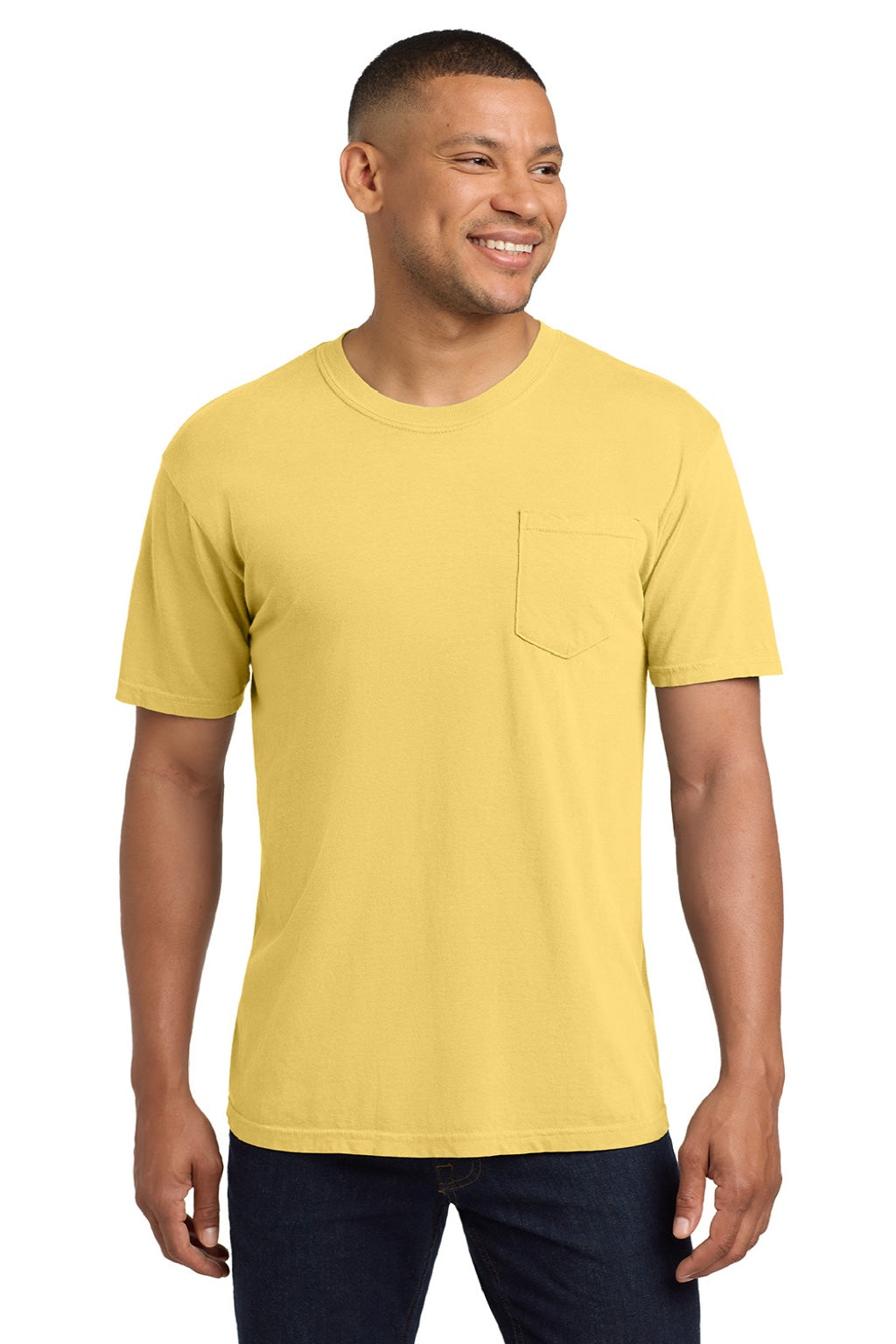 Comfort Colors 6030 Mens Short Sleeve Crewneck T-Shirt w/ Pocket Butter Yellow Model Front