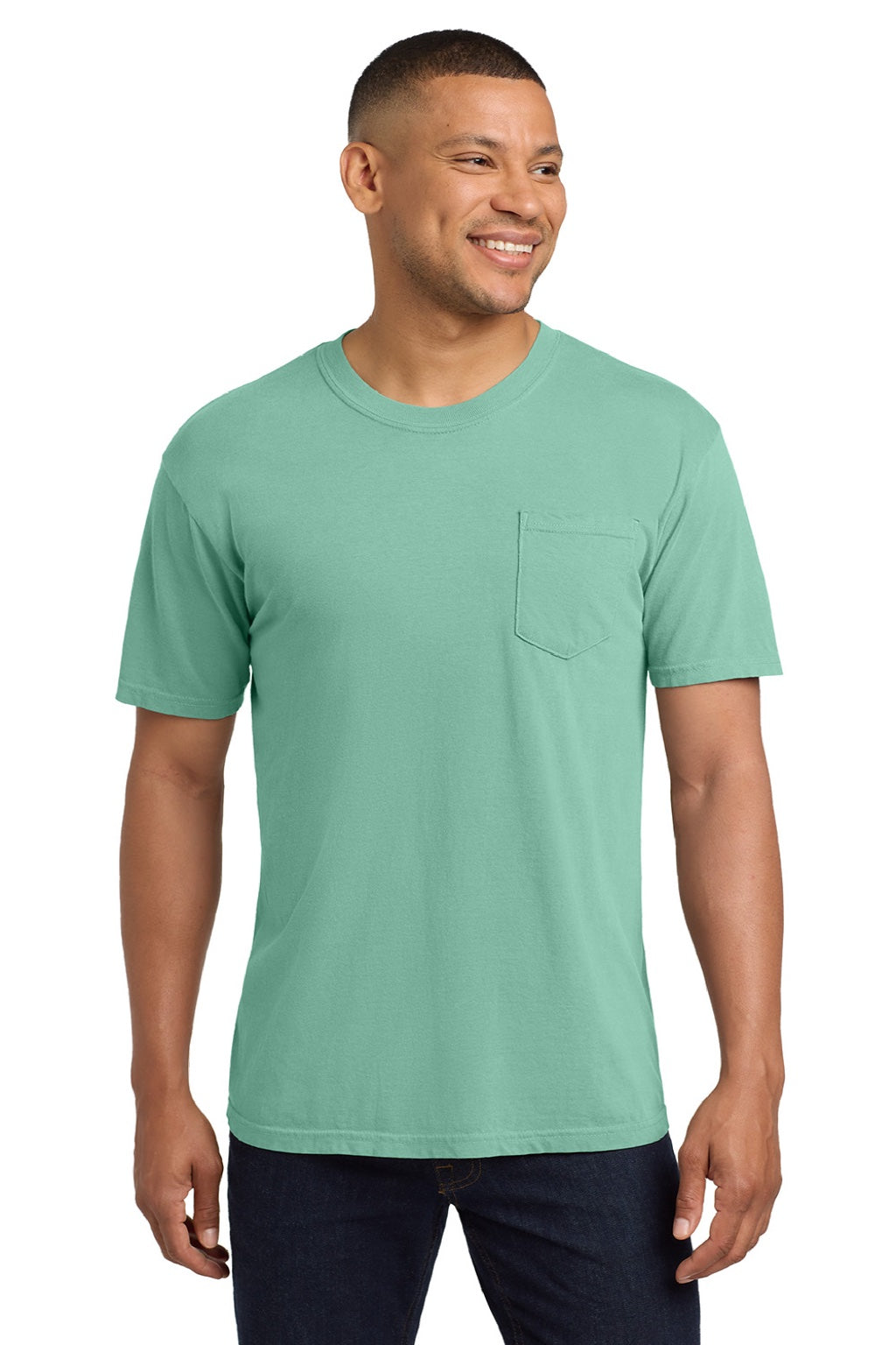 Comfort Colors 6030 Mens Short Sleeve Crewneck T-Shirt w/ Pocket Chalky Mint Green Model Front