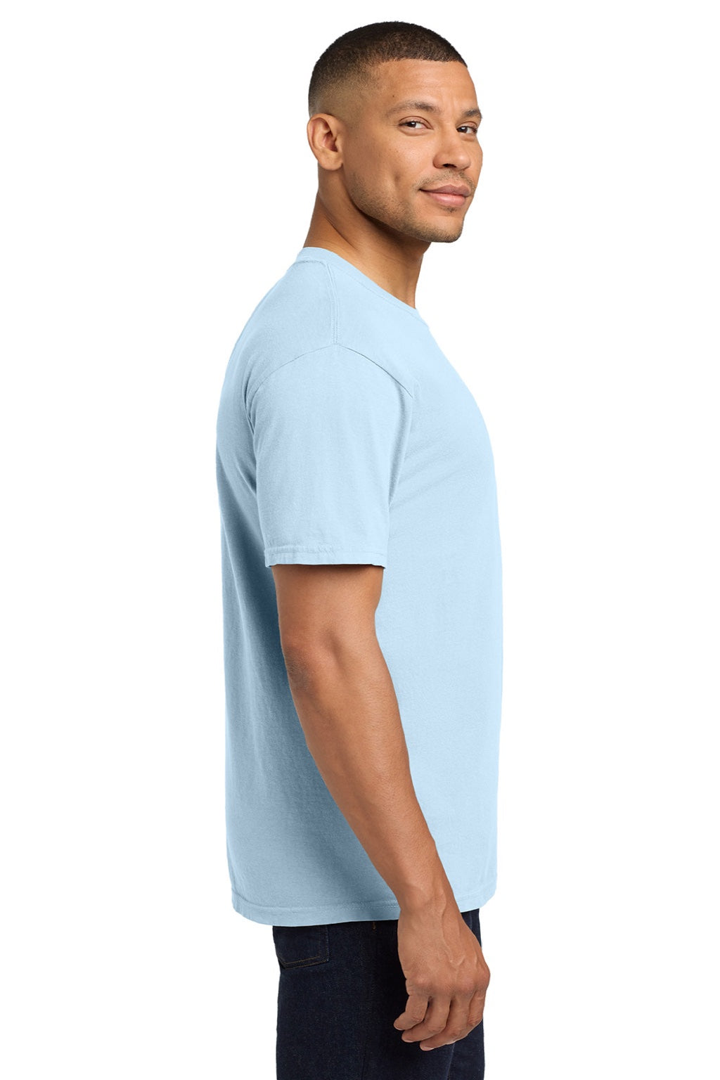 Comfort Colors 6030 Mens Short Sleeve Crewneck T-Shirt w/ Pocket Chambray Blue Model Side