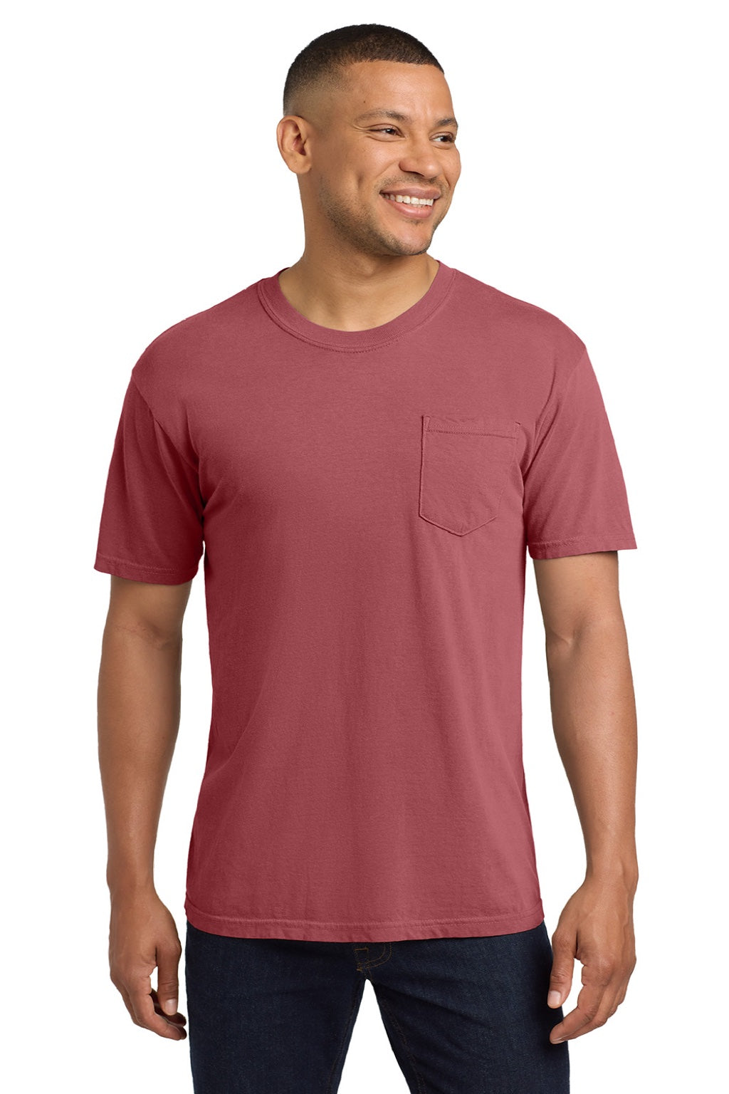 Comfort Colors 6030 Mens Short Sleeve Crewneck T-Shirt w/ Pocket Crimson Red Model Front