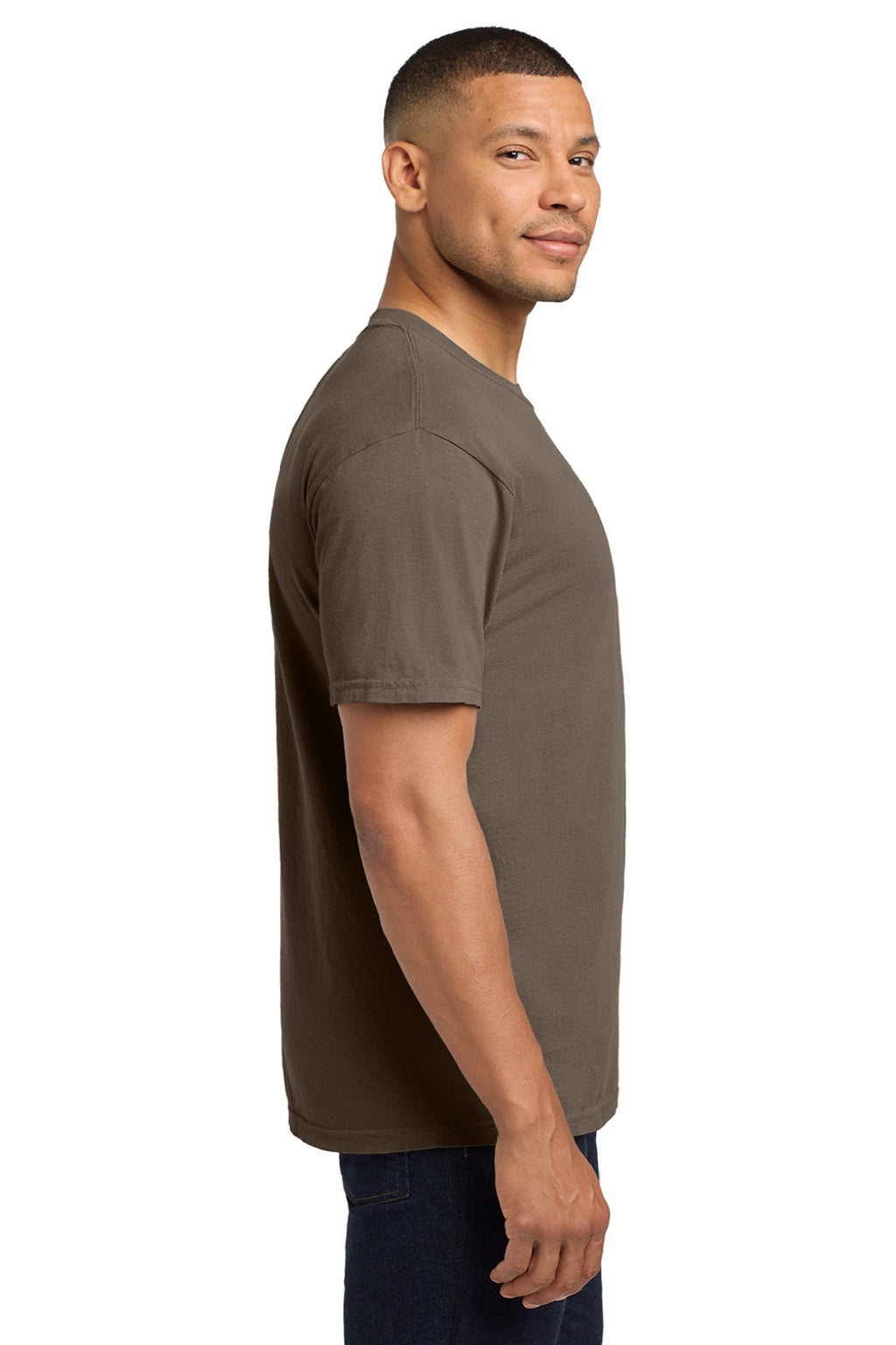 Comfort Colors 6030 Mens Short Sleeve Crewneck T-Shirt w/ Pocket Espresso Brown Model Side
