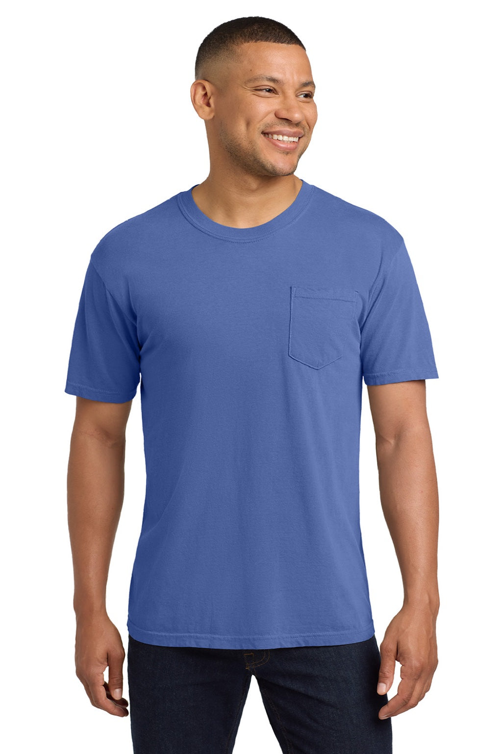 Comfort Colors 6030 Mens Short Sleeve Crewneck T-Shirt w/ Pocket Flo Blue Model Front