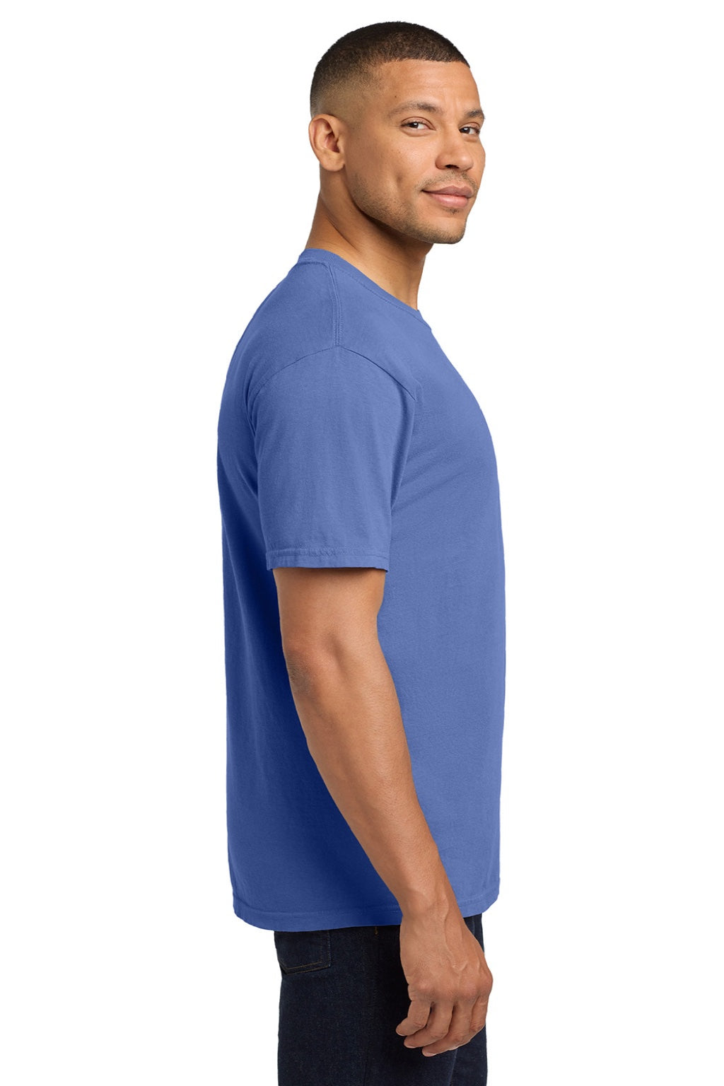 Comfort Colors 6030 Mens Short Sleeve Crewneck T-Shirt w/ Pocket Flo Blue Model Side