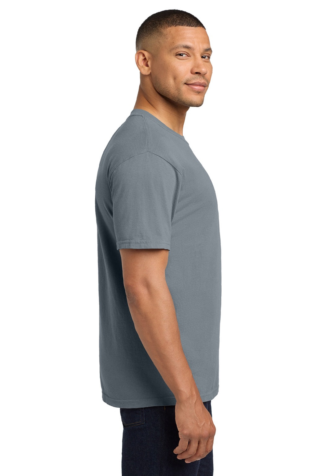 Comfort Colors 6030 Mens Short Sleeve Crewneck T-Shirt w/ Pocket Granite Grey Model Side