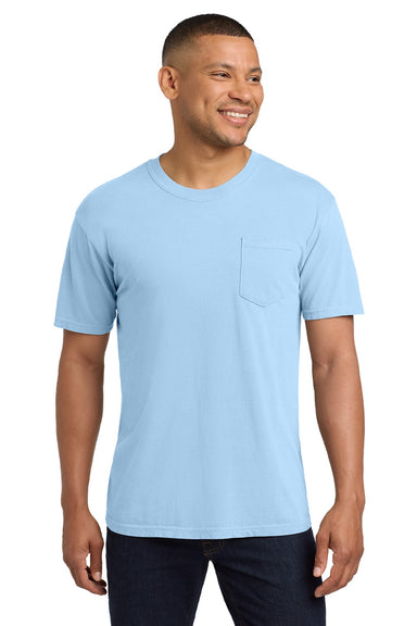 Comfort Colors 6030 Mens Short Sleeve Crewneck T-Shirt w/ Pocket Hydrangea Blue Model Front