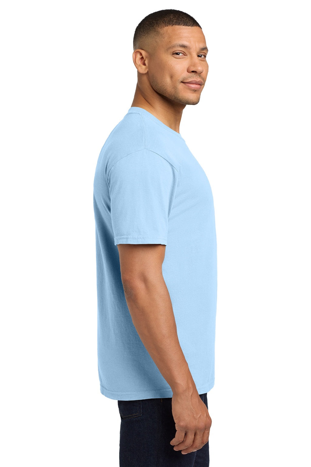 Comfort Colors 6030 Mens Short Sleeve Crewneck T-Shirt w/ Pocket Hydrangea Blue Model Side