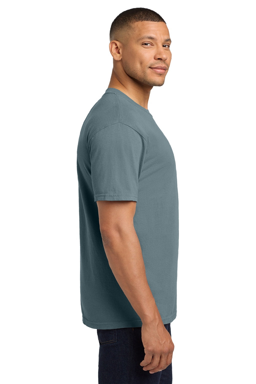 Comfort Colors 6030 Mens Short Sleeve Crewneck T-Shirt w/ Pocket Ice Blue Model Side