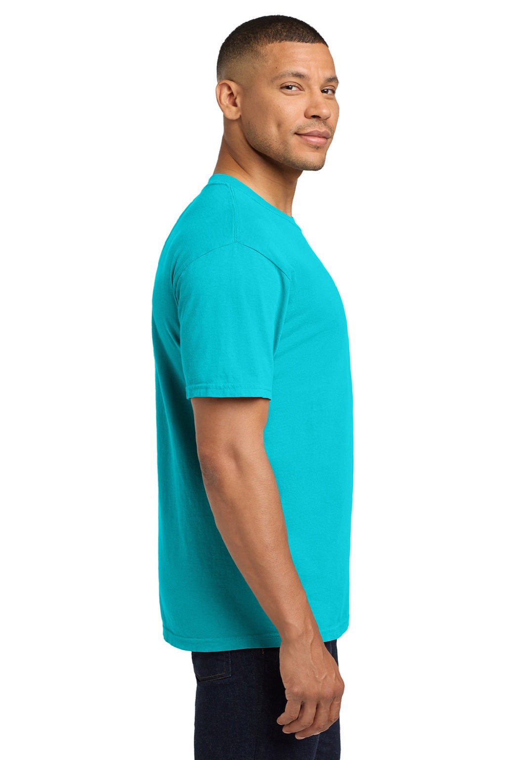 Comfort Colors 6030 Mens Short Sleeve Crewneck T-Shirt w/ Pocket Lagoon Blue Model Side