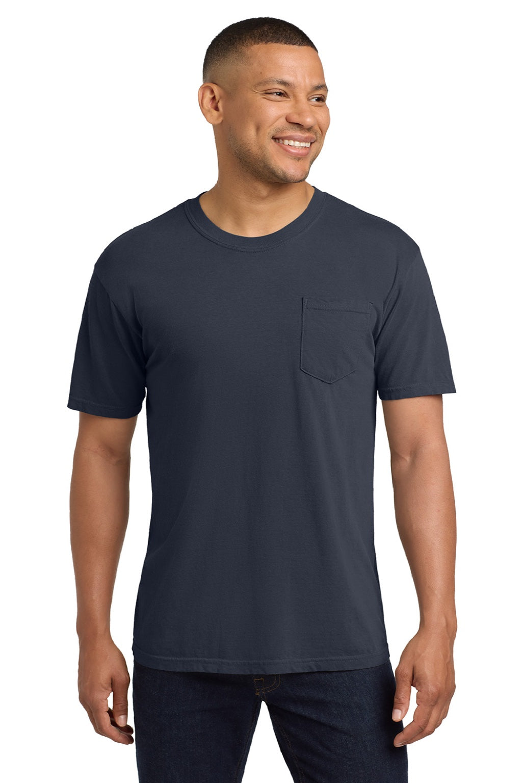 Comfort Colors 6030 Mens Short Sleeve Crewneck T-Shirt w/ Pocket Midnight Blue Model Front
