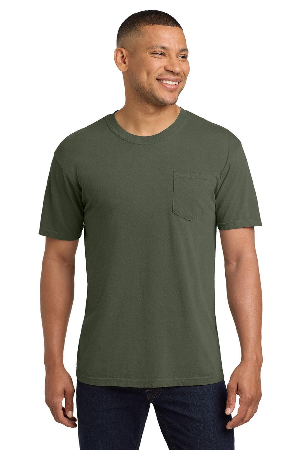 Comfort Colors 6030 Mens Short Sleeve Crewneck T-Shirt w/ Pocket Moss Green Model Front