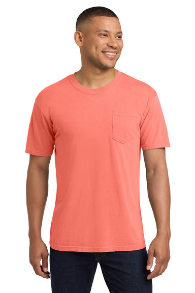 Comfort Colors 6030 Mens Short Sleeve Crewneck T-Shirt w/ Pocket Neon Red Orange Model Front