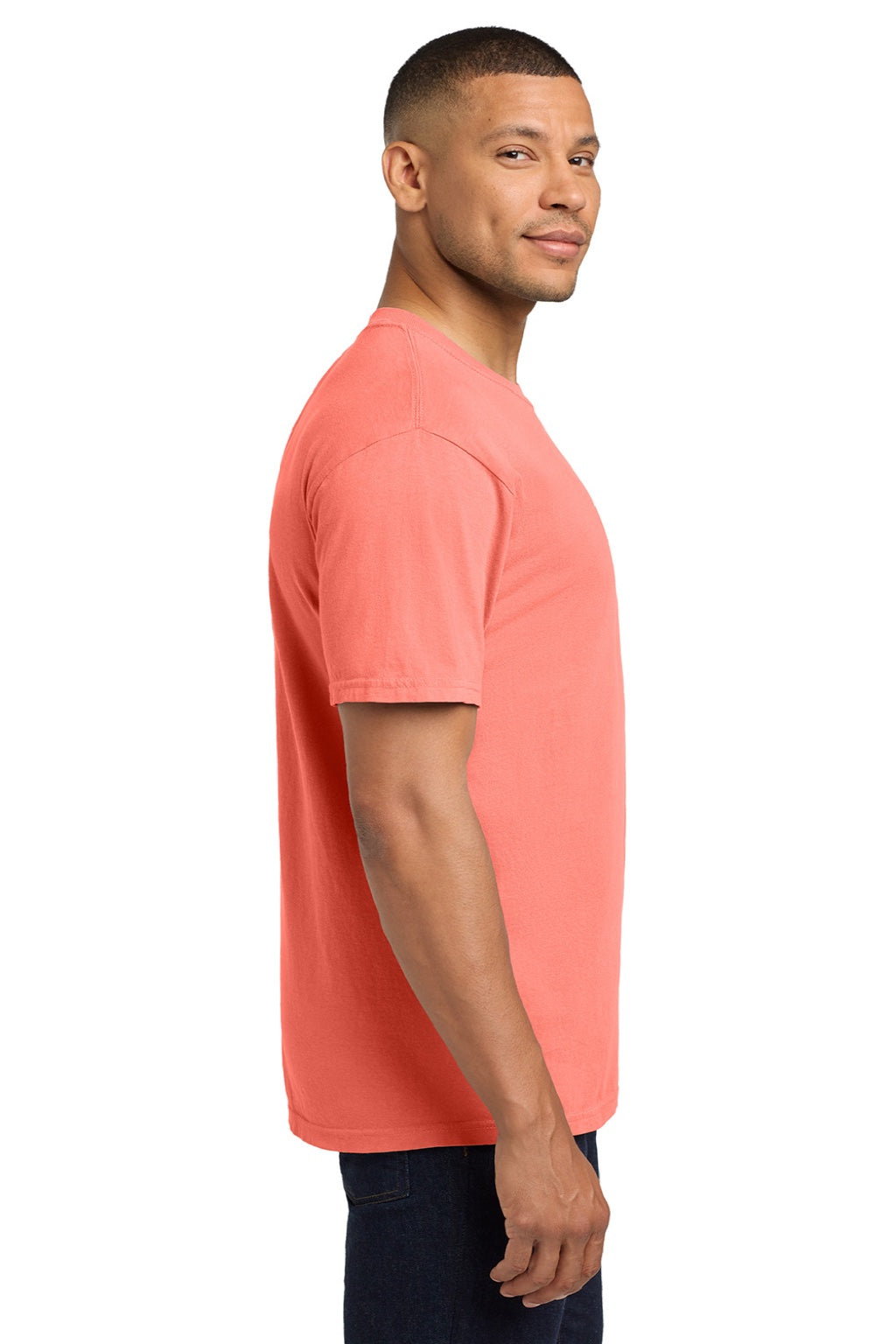Comfort Colors 6030 Mens Short Sleeve Crewneck T-Shirt w/ Pocket Neon Red Orange Model Side