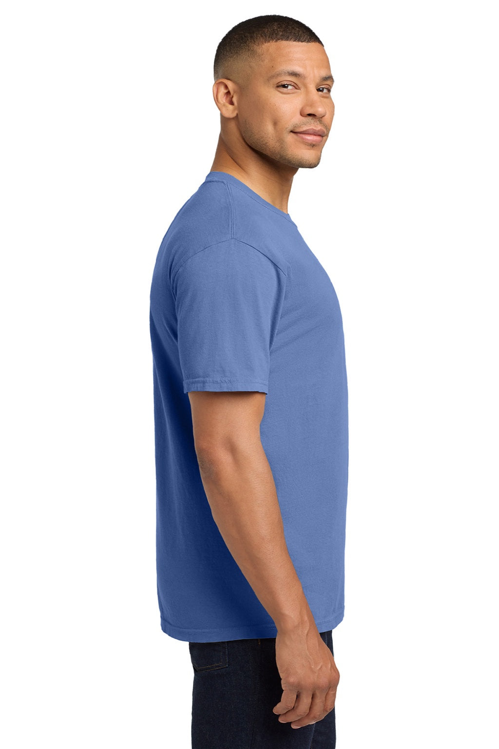 Comfort Colors 6030 Mens Short Sleeve Crewneck T-Shirt w/ Pocket Periwinkle Blue Model Side