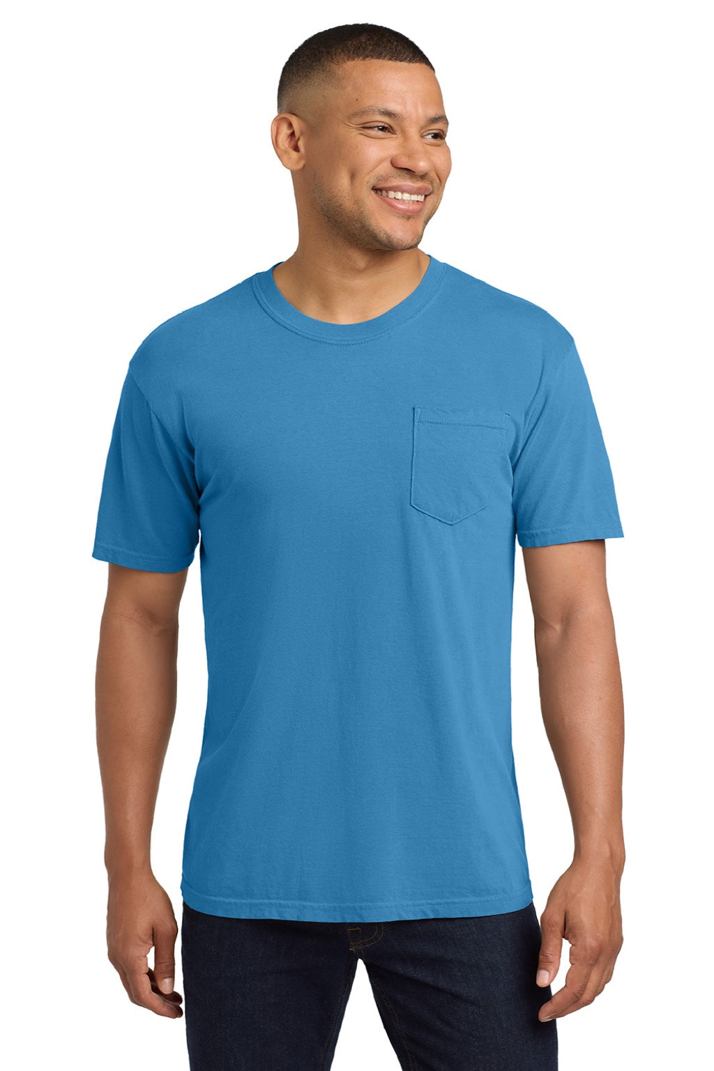 Comfort Colors 6030 Mens Short Sleeve Crewneck T-Shirt w/ Pocket Royal Caribe Blue Model Front